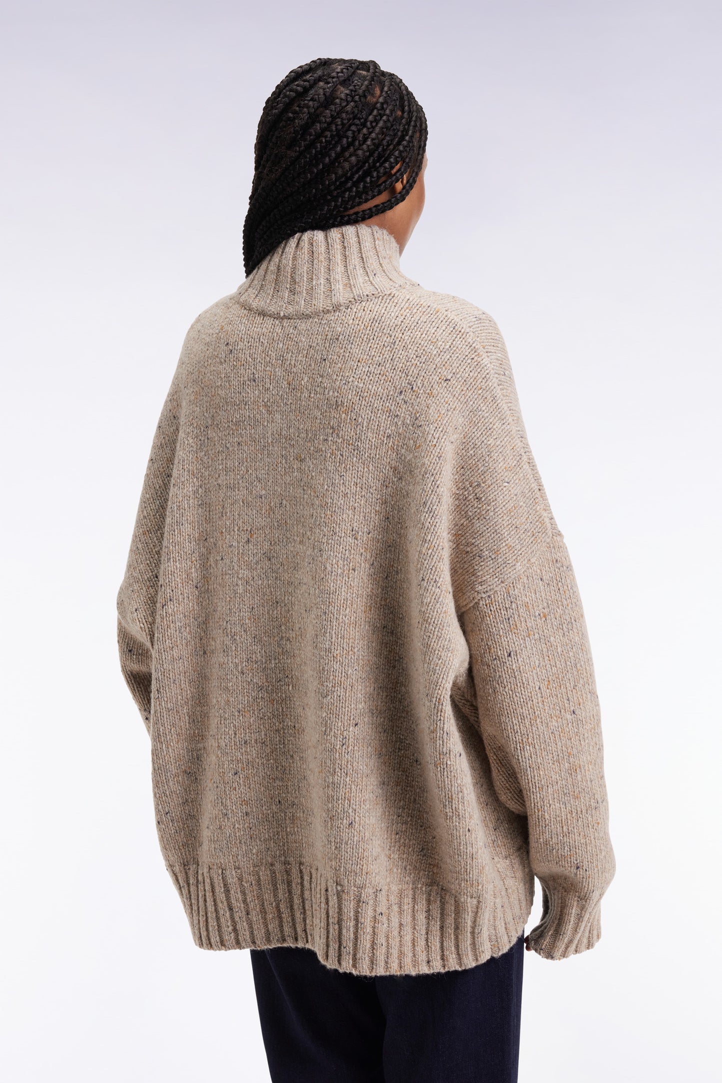 Oversized button-down high-neck sweater in beige wool blend
