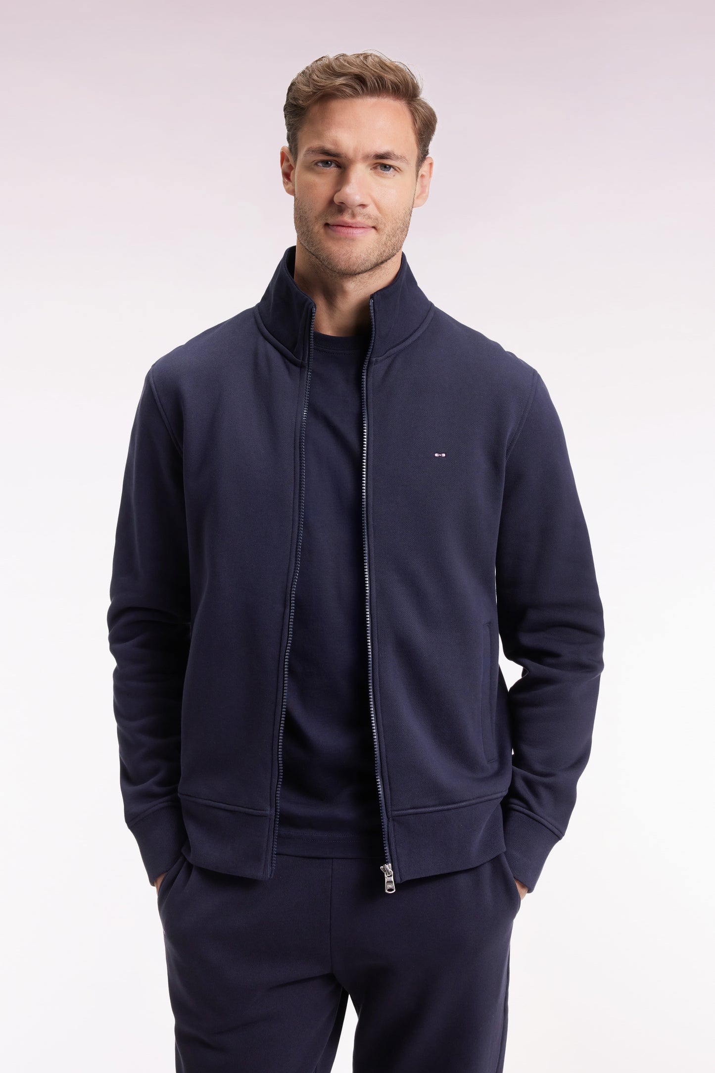 Navy cotton zip-up sweatshirt, straight cut