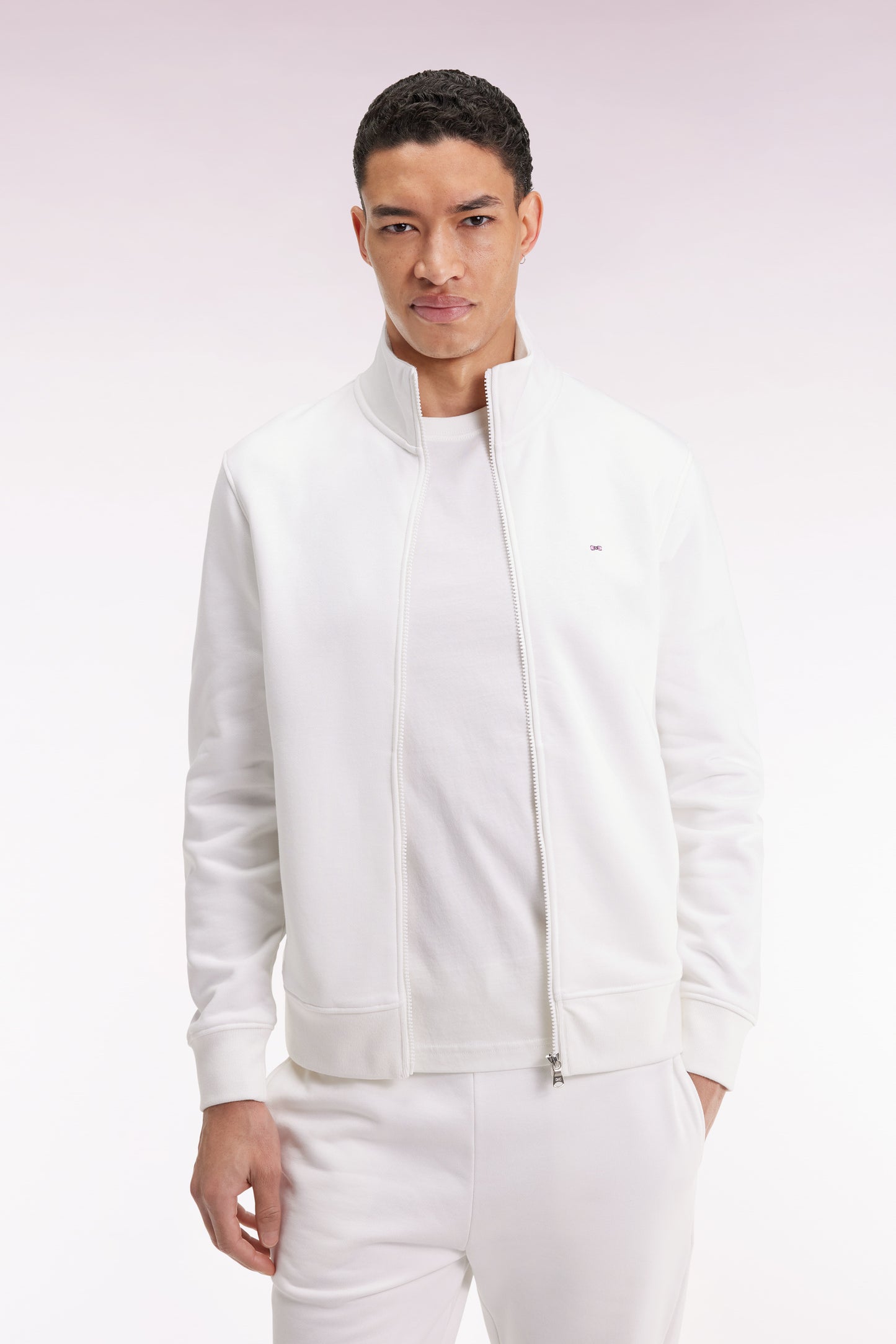 White cotton zip-up sweatshirt, straight cut