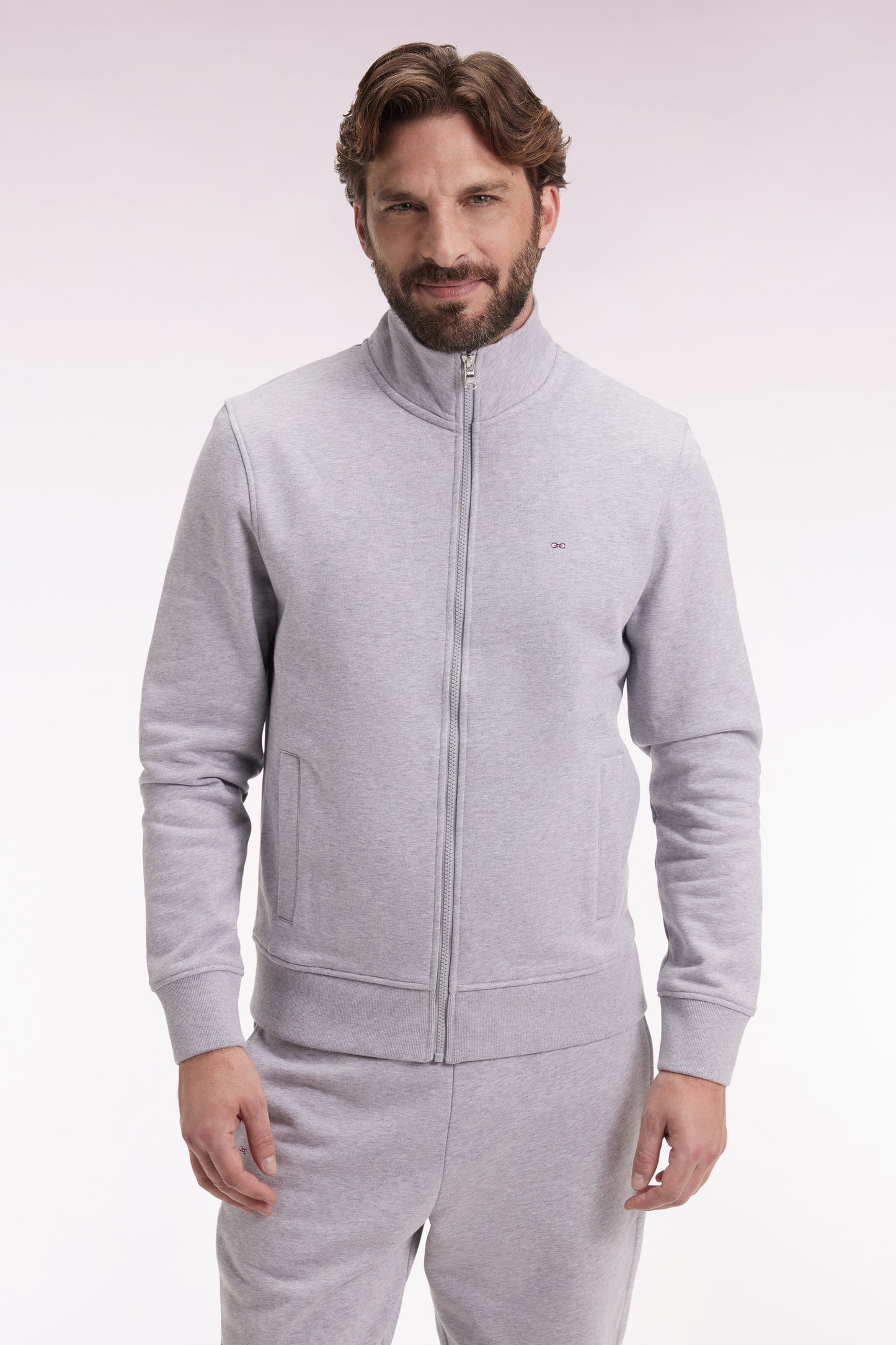 Grey cotton zip-up sweatshirt, straight cut
