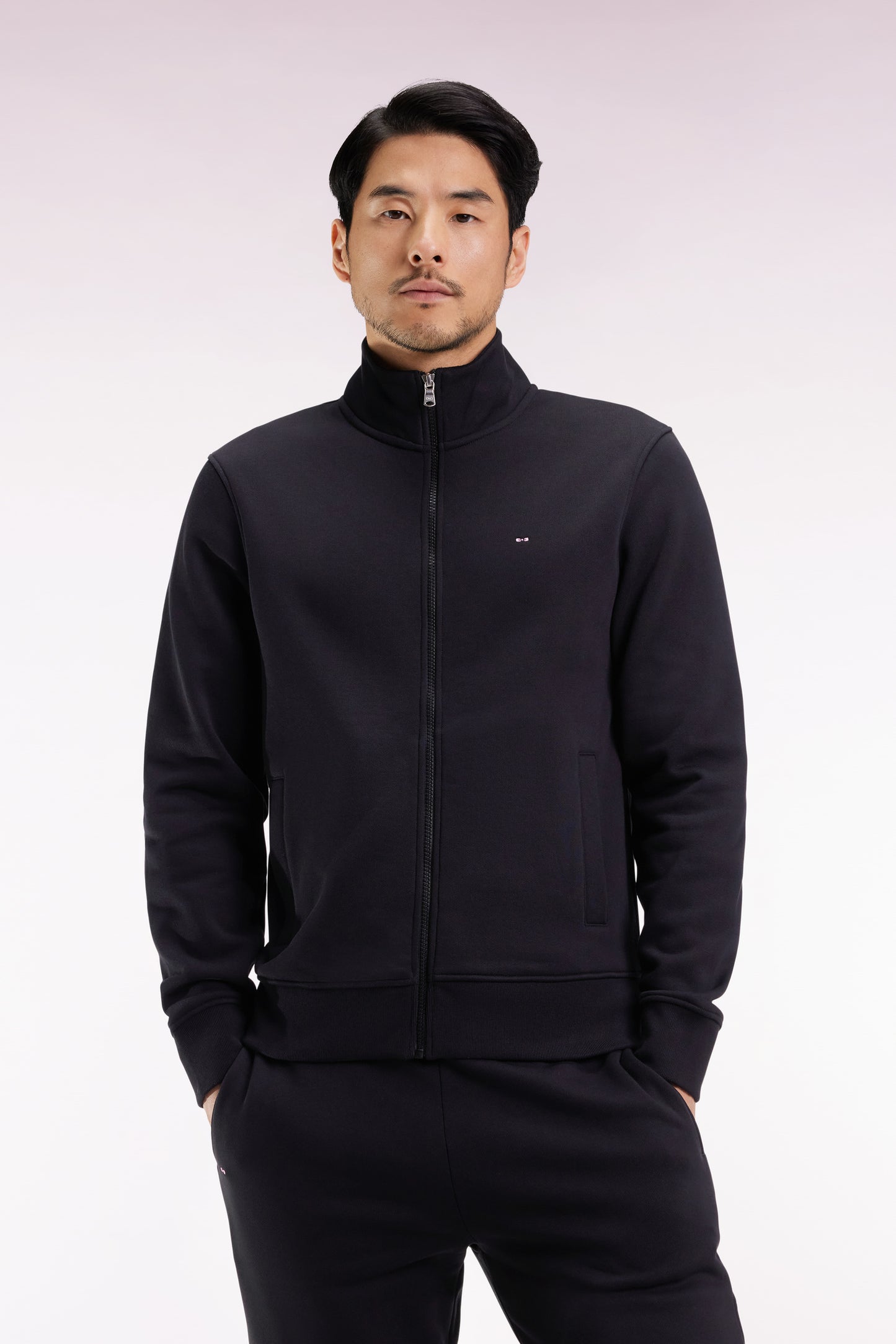 Black cotton zip-up sweatshirt, straight cut
