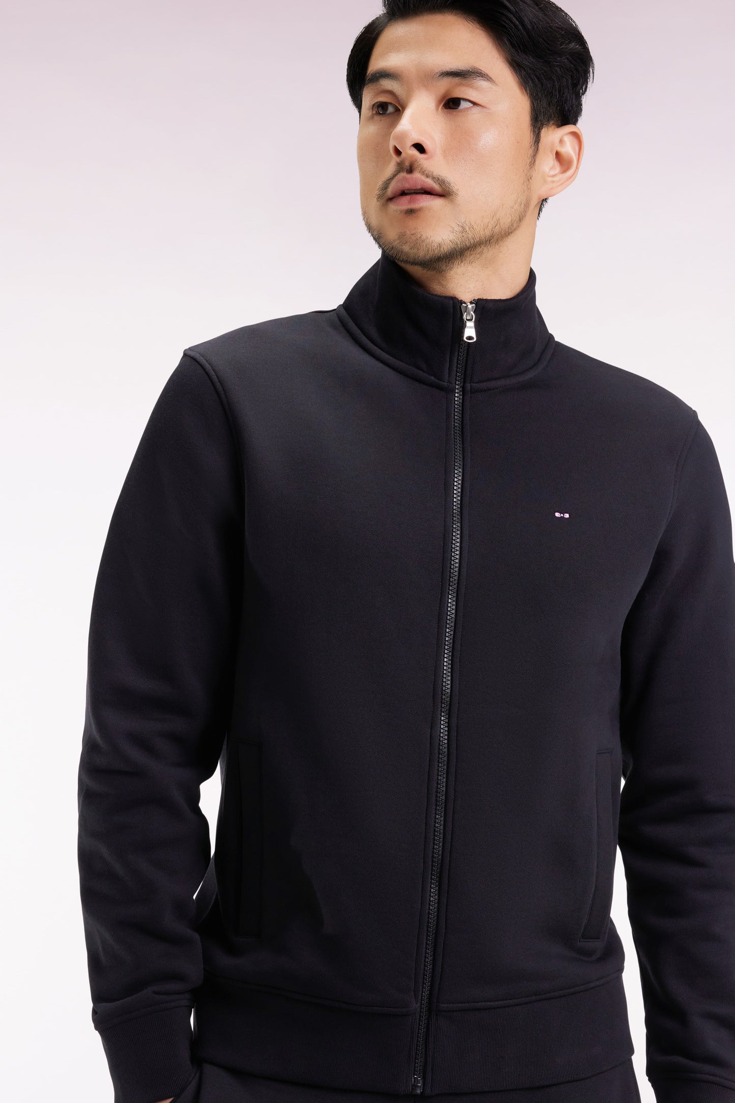 Black cotton zip-up sweatshirt, straight cut