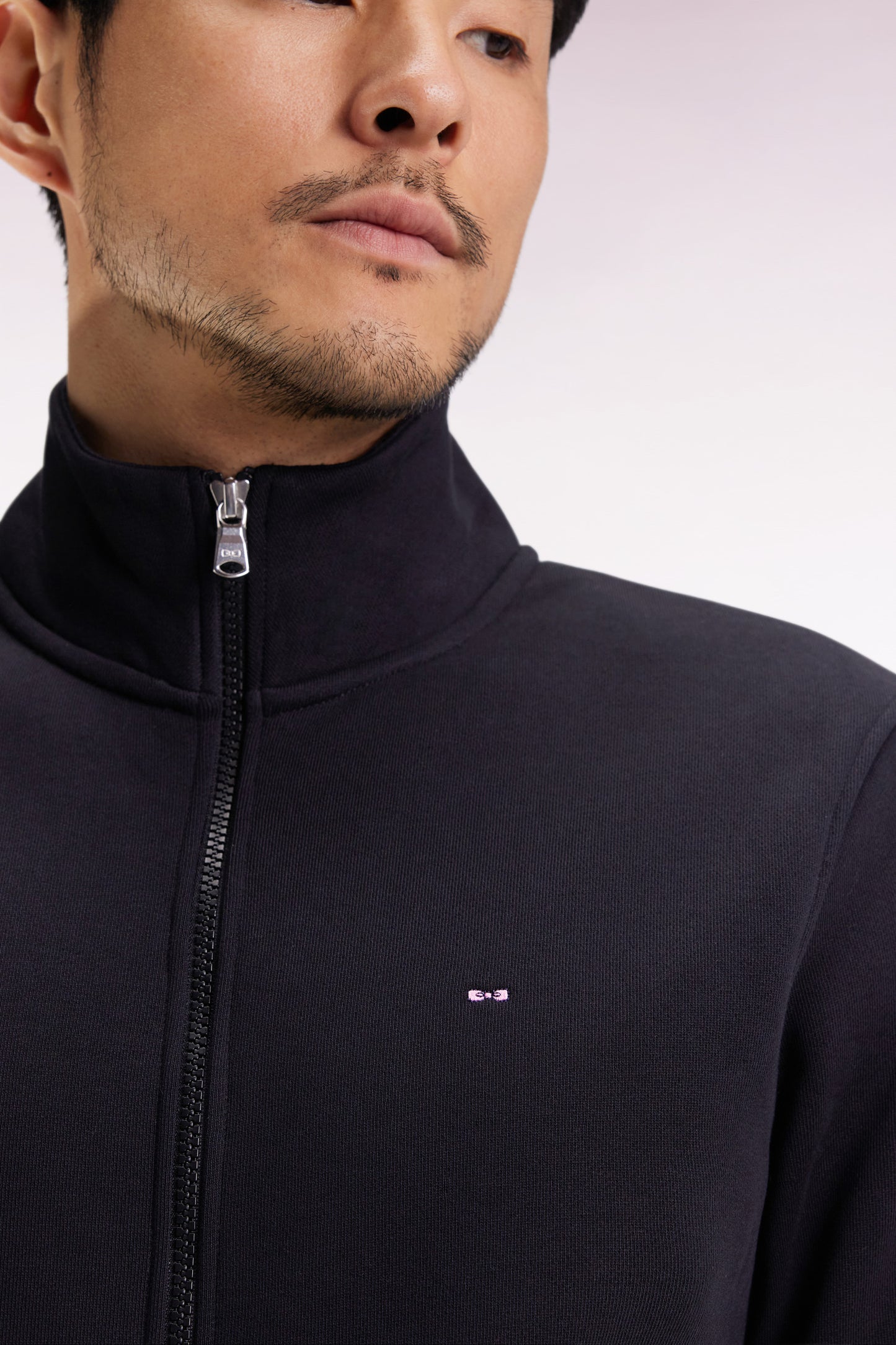 Black cotton zip-up sweatshirt, straight cut
