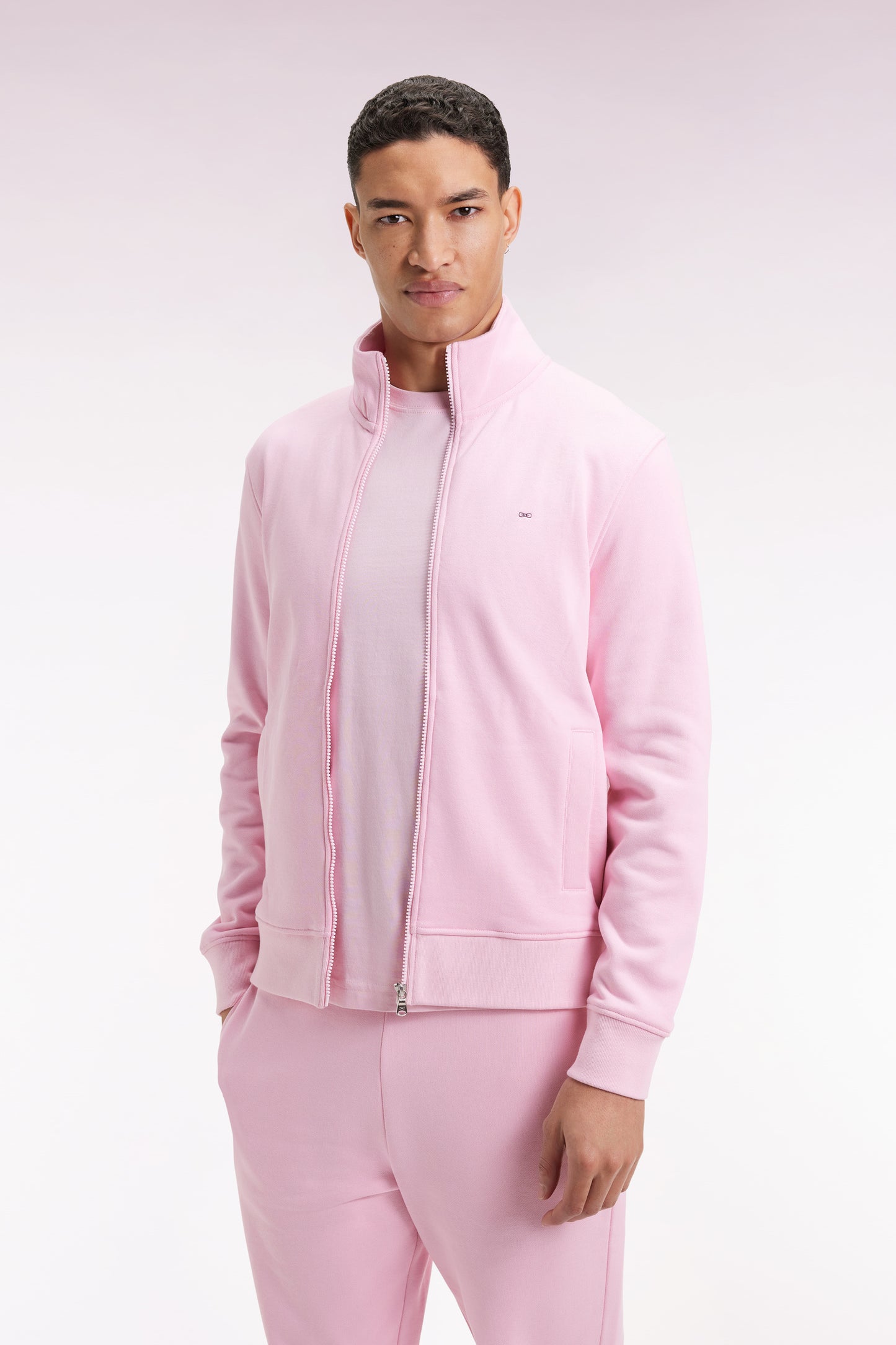 Pink cotton zip-up sweatshirt, straight cut