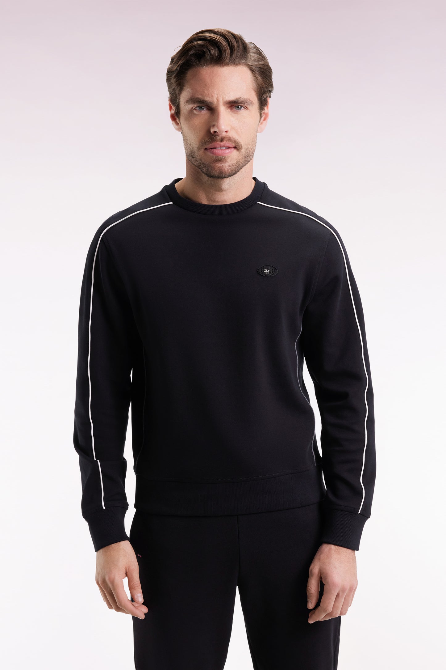 Black fleece sweatshirt with colored piping