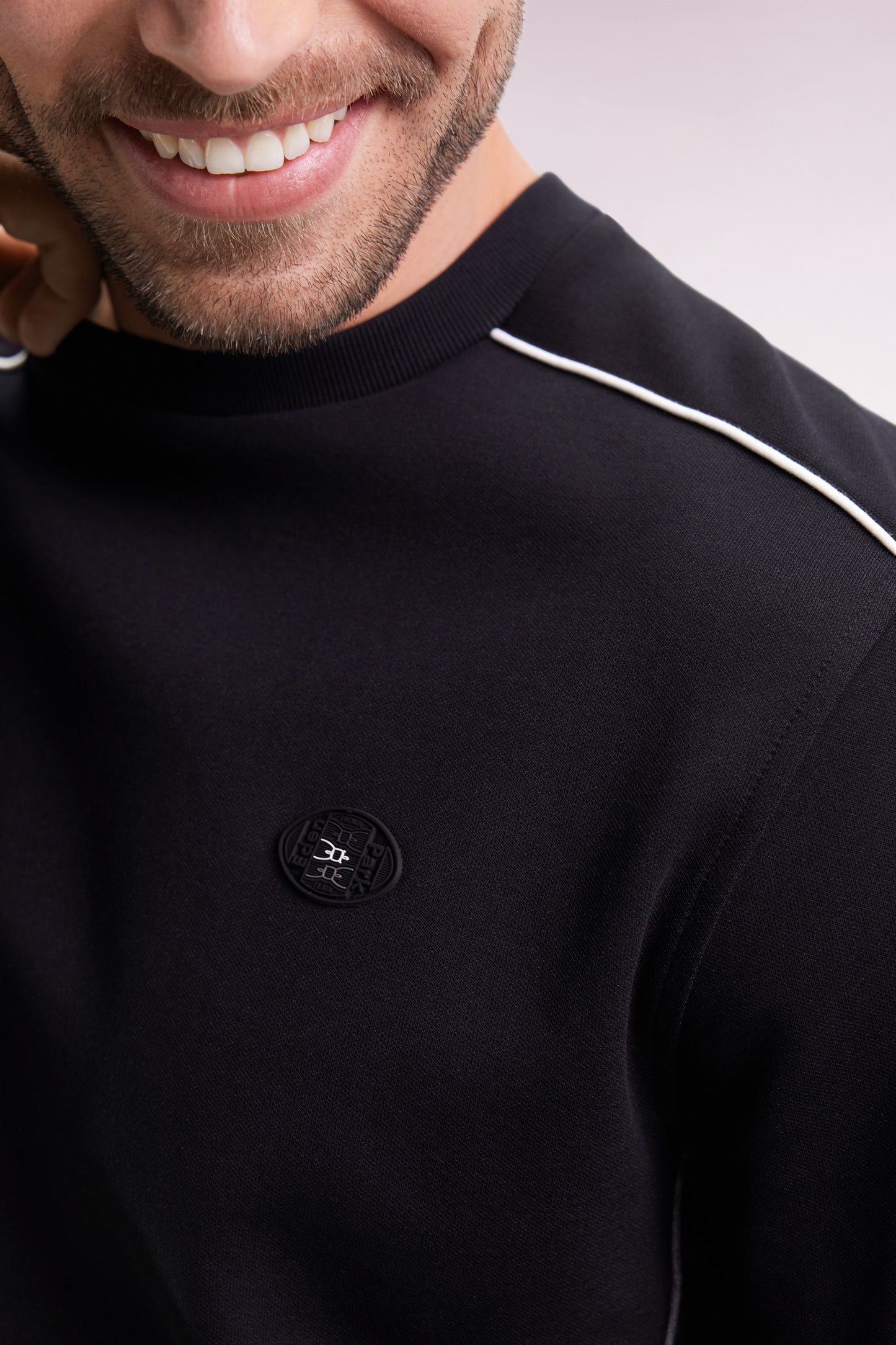 Black fleece sweatshirt with colored piping