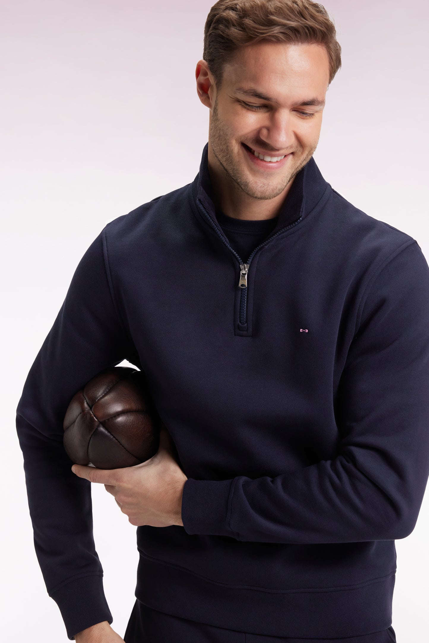 High-neck zip-up sweatshirt in navy cotton fleece