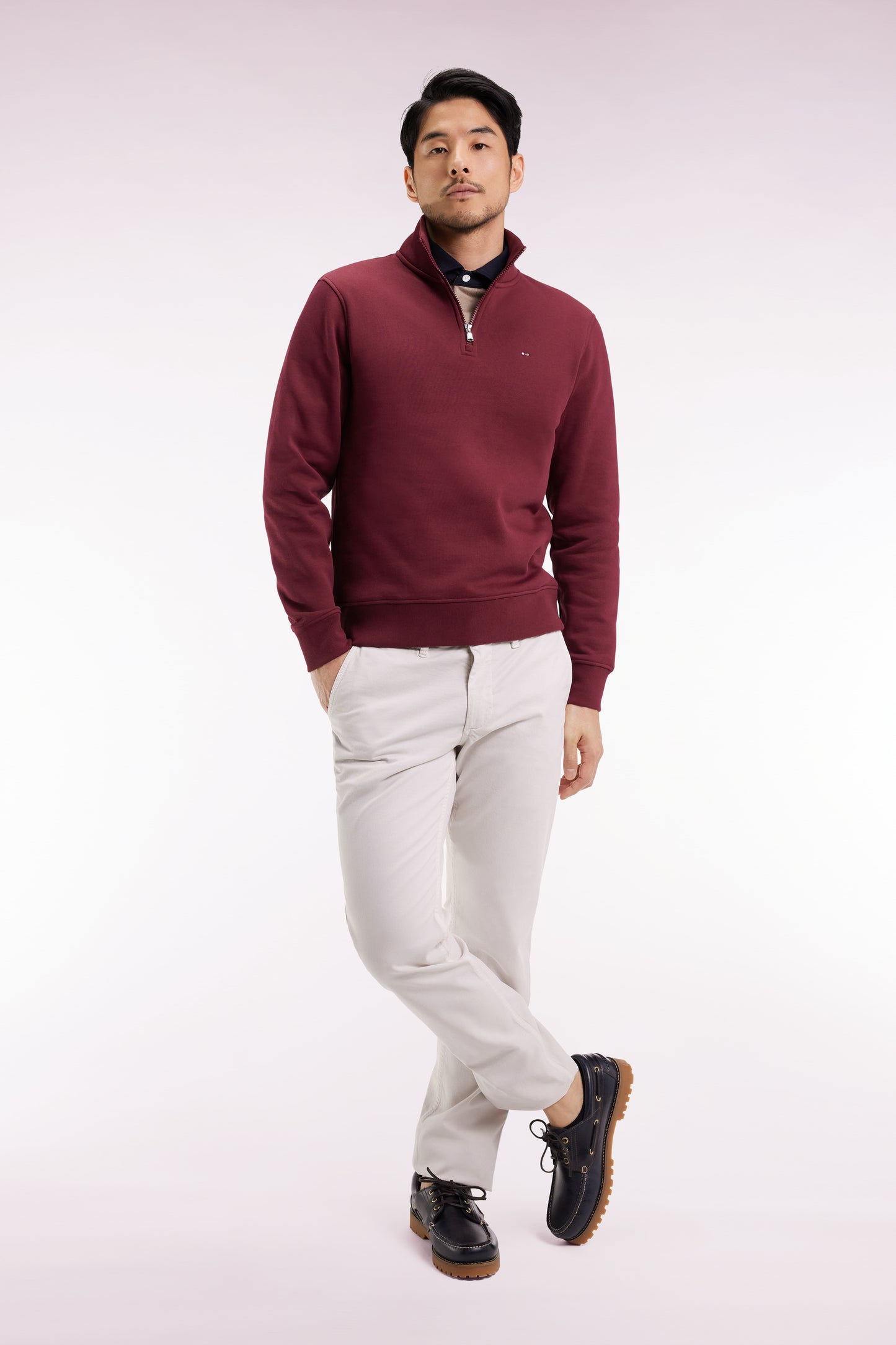 High-neck zip-up sweatshirt in burgundy cotton fleece