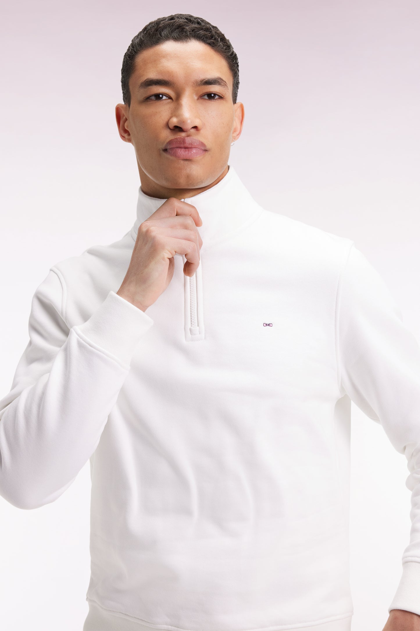 High-neck zip-up sweatshirt in white cotton fleece