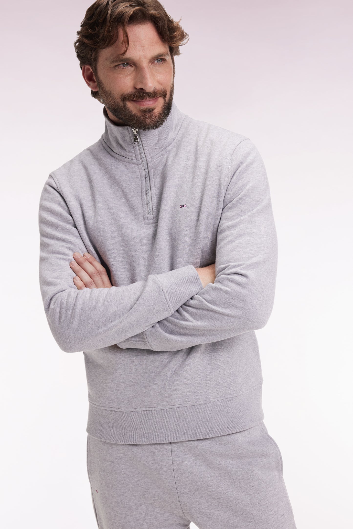 Grey cotton fleece stand-up collar zip sweatshirt
