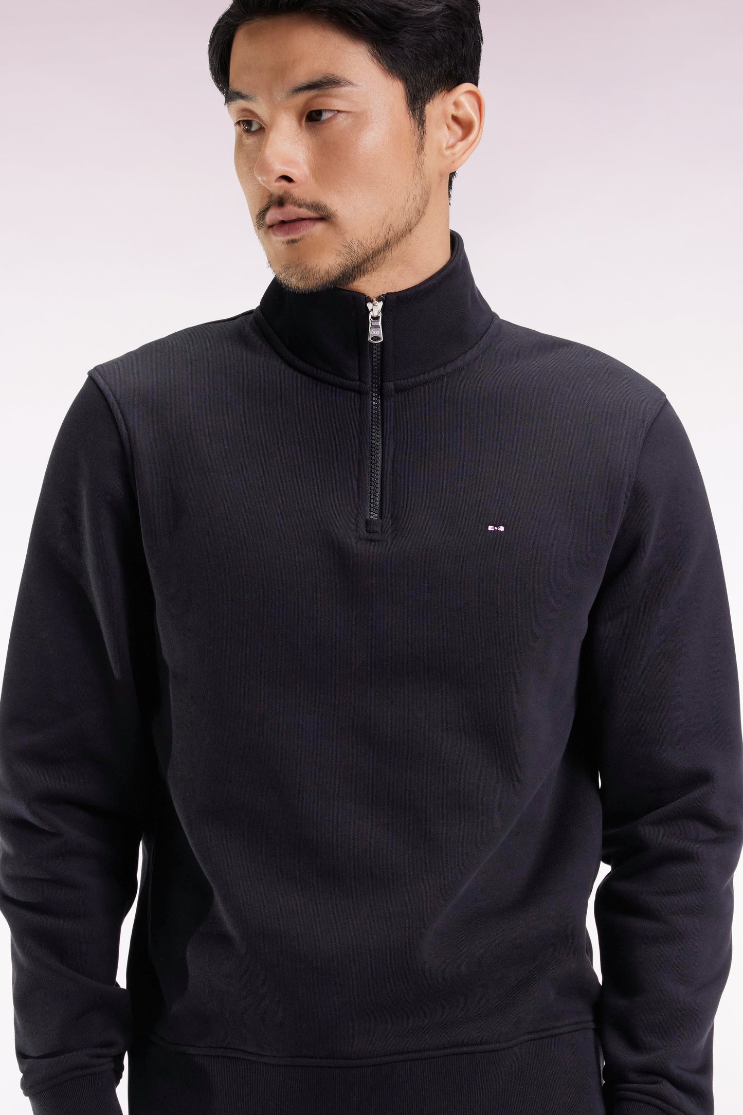 High-neck zip-up sweatshirt in black cotton fleece