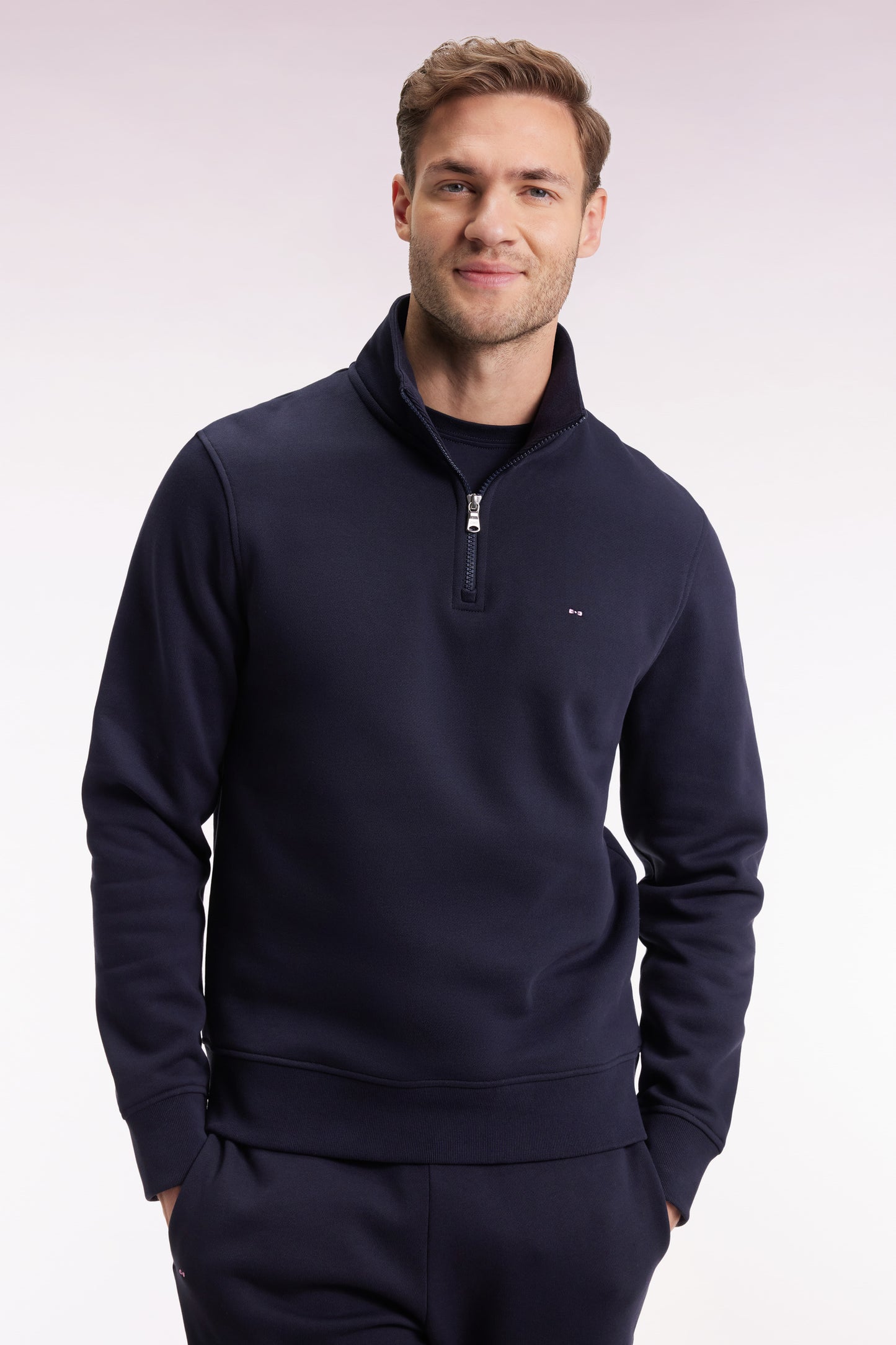 High-neck zip-up sweatshirt in navy cotton fleece