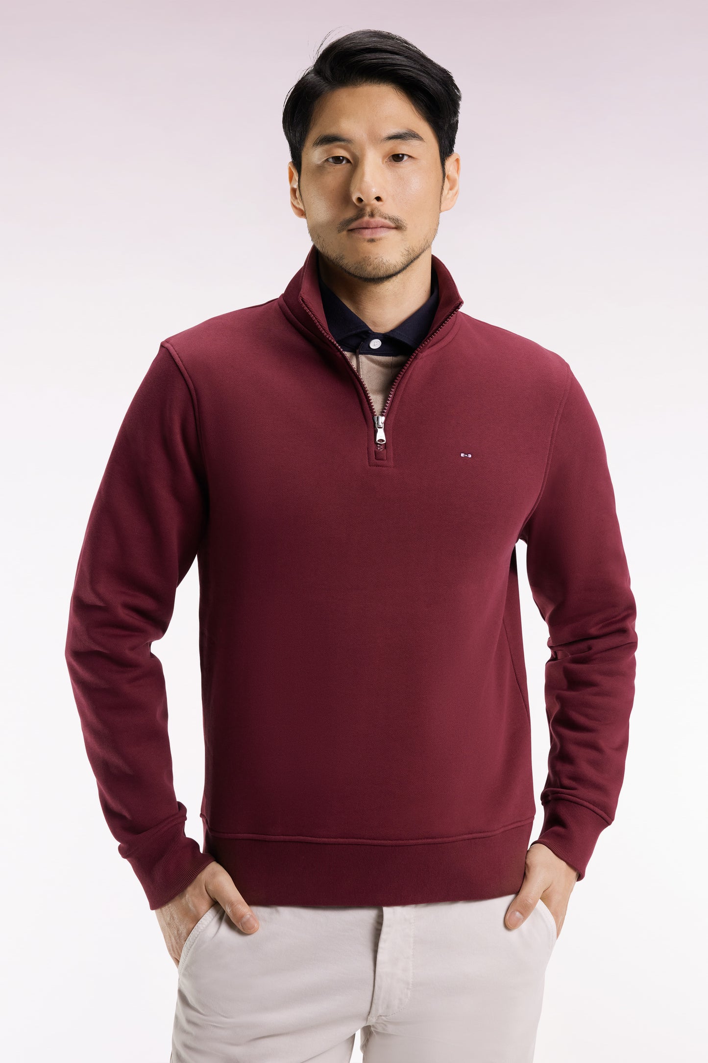 High-neck zip-up sweatshirt in burgundy cotton fleece