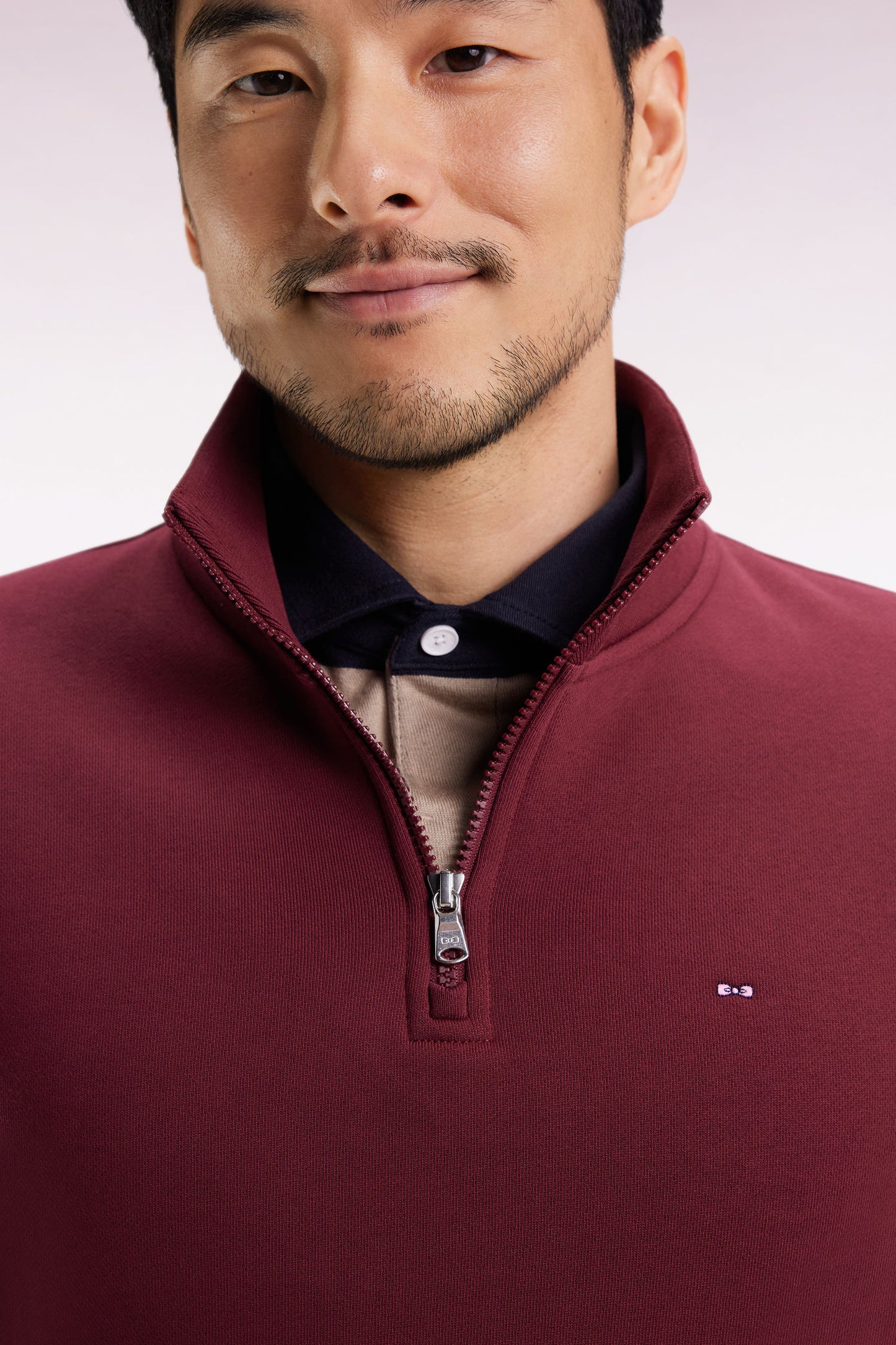 High-neck zip-up sweatshirt in burgundy cotton fleece