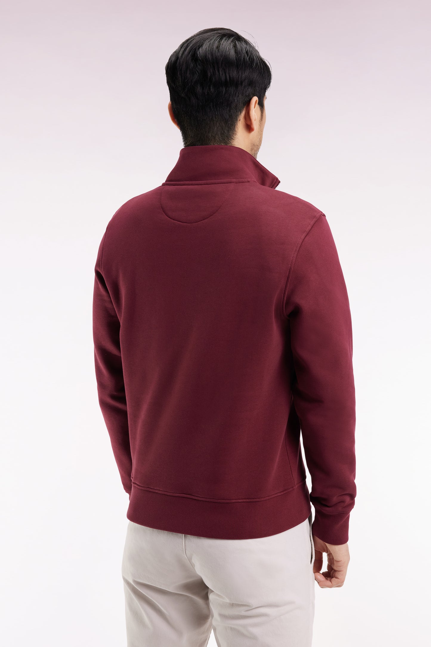 High-neck zip-up sweatshirt in burgundy cotton fleece