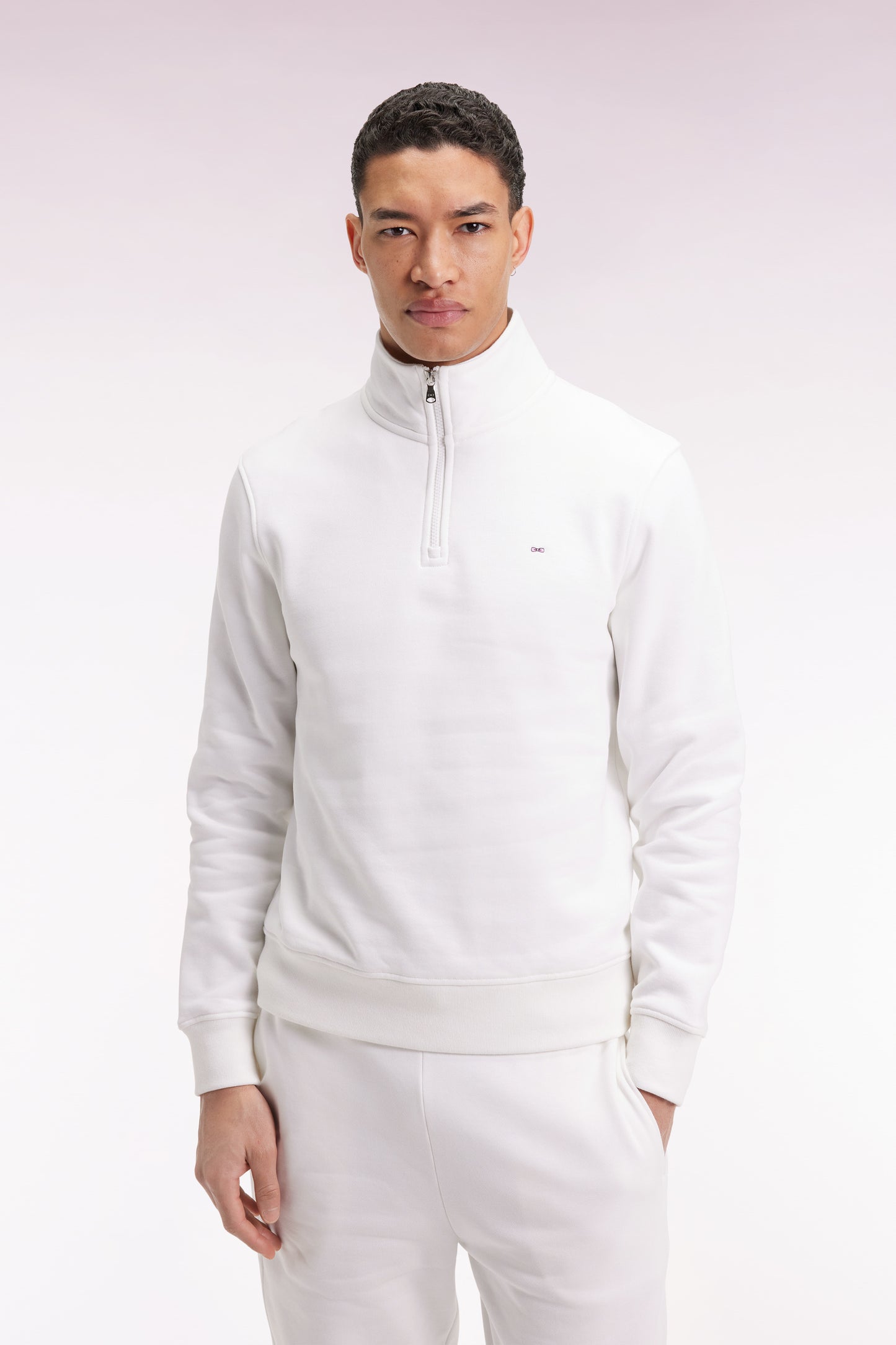 High-neck zip-up sweatshirt in white cotton fleece