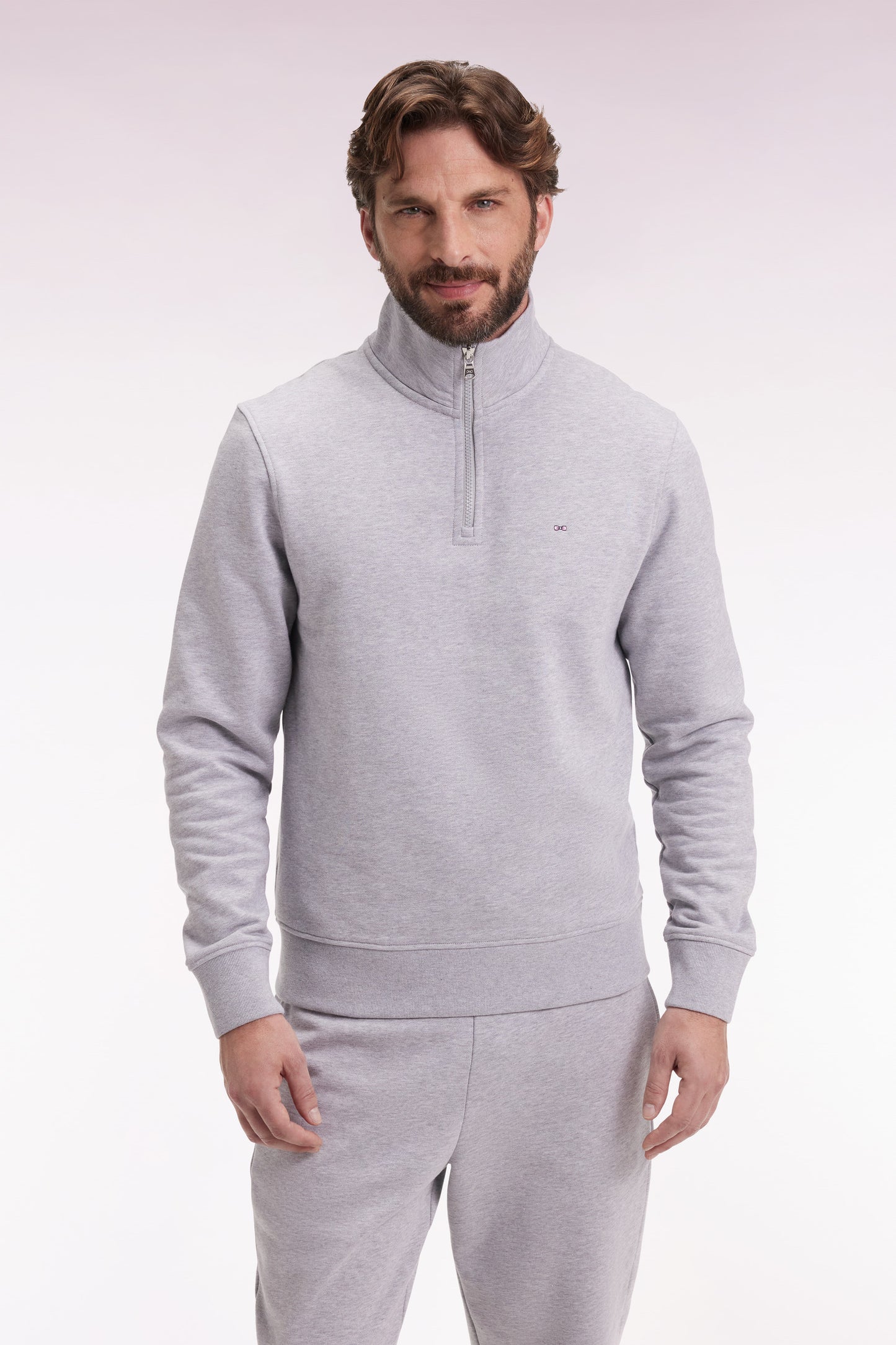 Grey cotton fleece stand-up collar zip sweatshirt