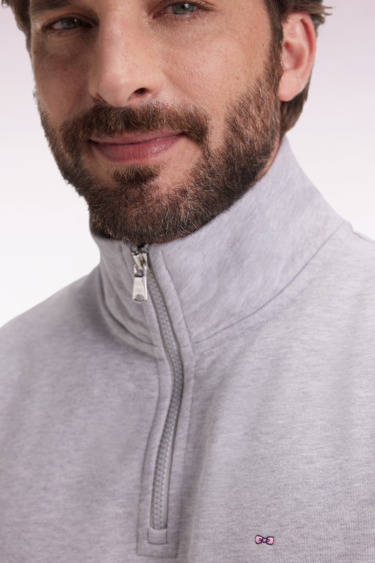Grey cotton fleece stand-up collar zip sweatshirt