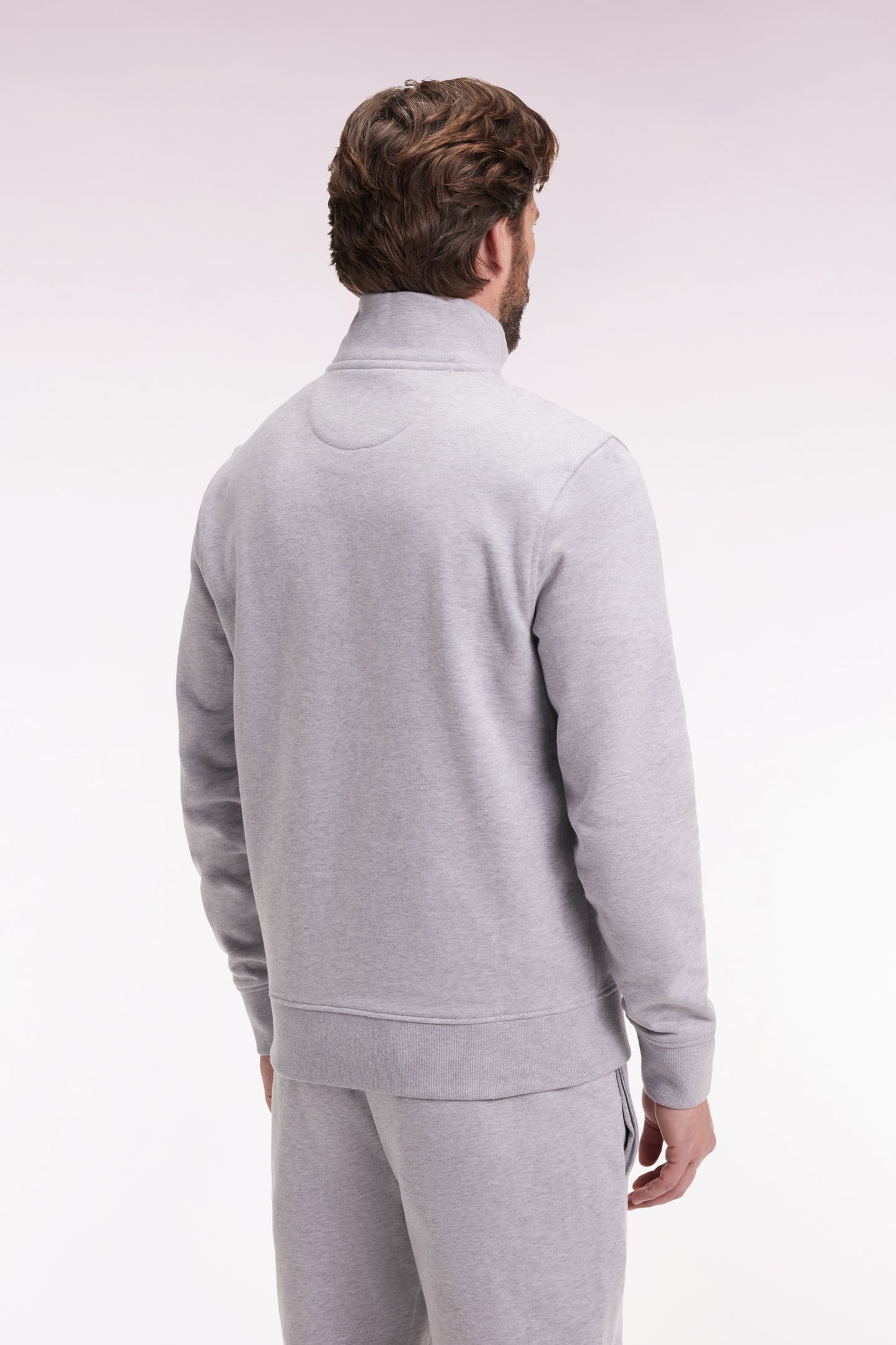 Grey cotton fleece stand-up collar zip sweatshirt