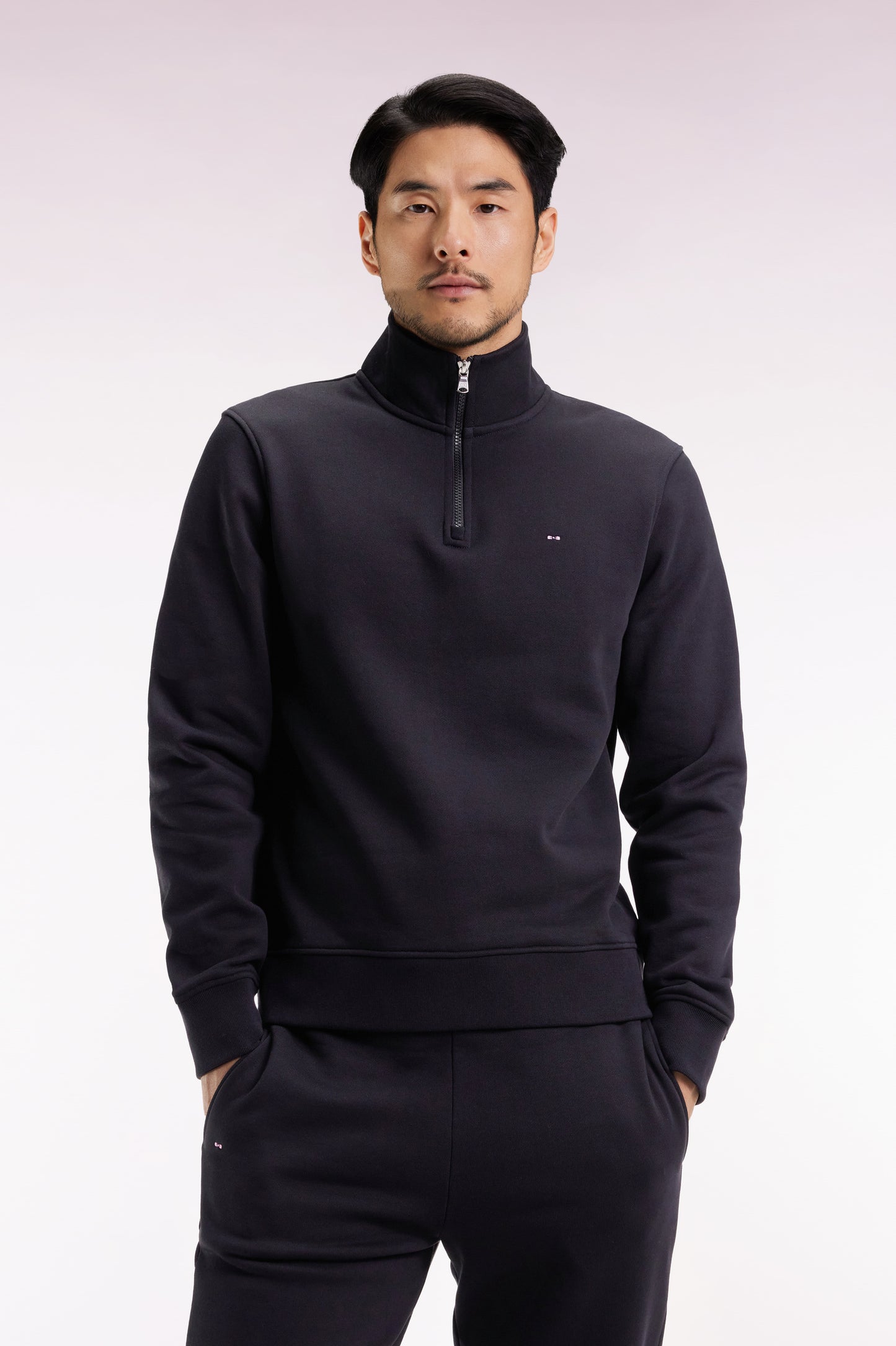High-neck zip-up sweatshirt in black cotton fleece