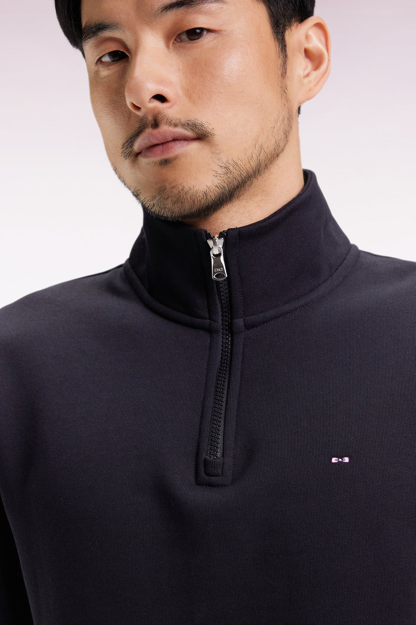 High-neck zip-up sweatshirt in black cotton fleece