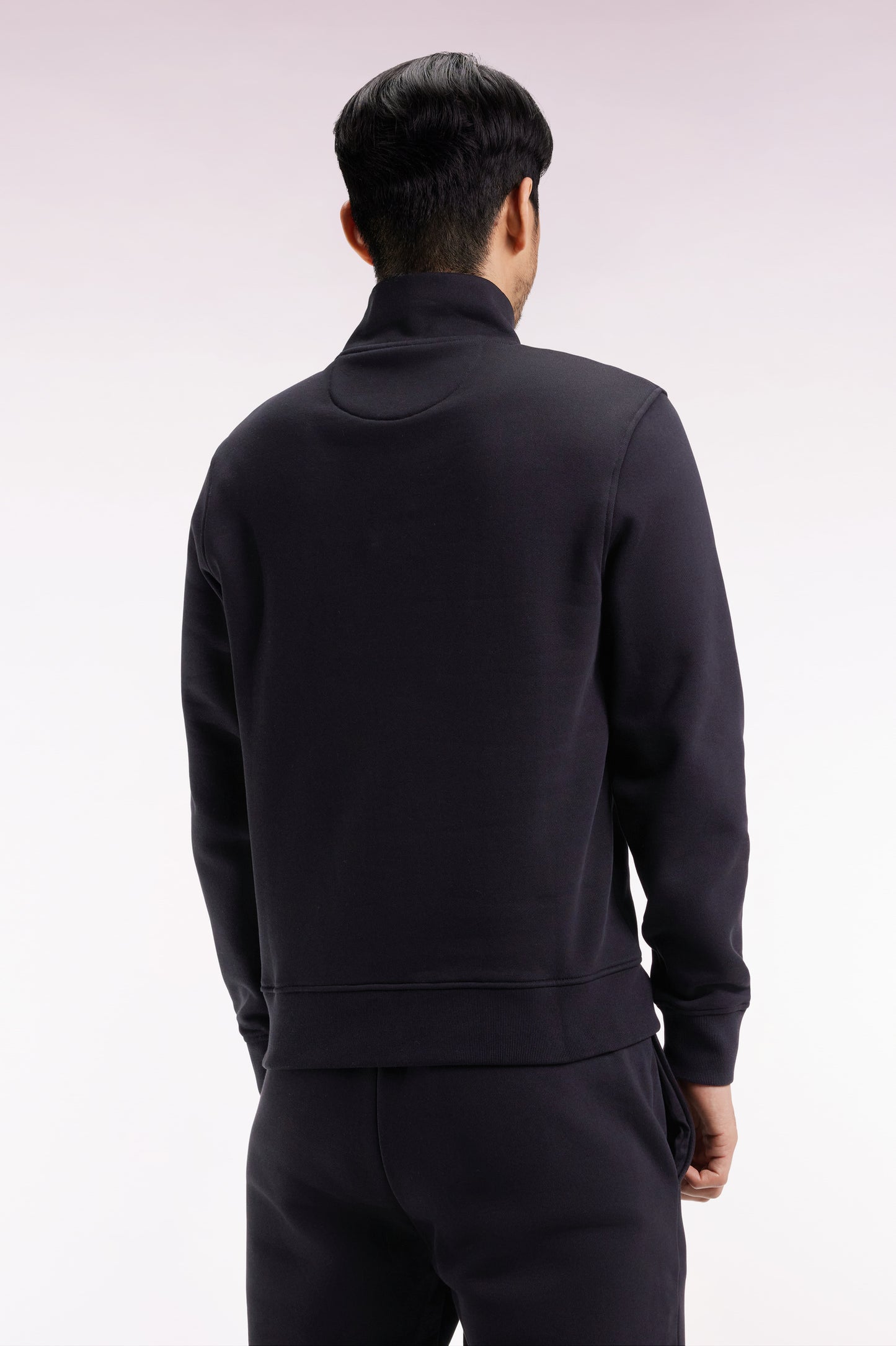 High-neck zip-up sweatshirt in black cotton fleece