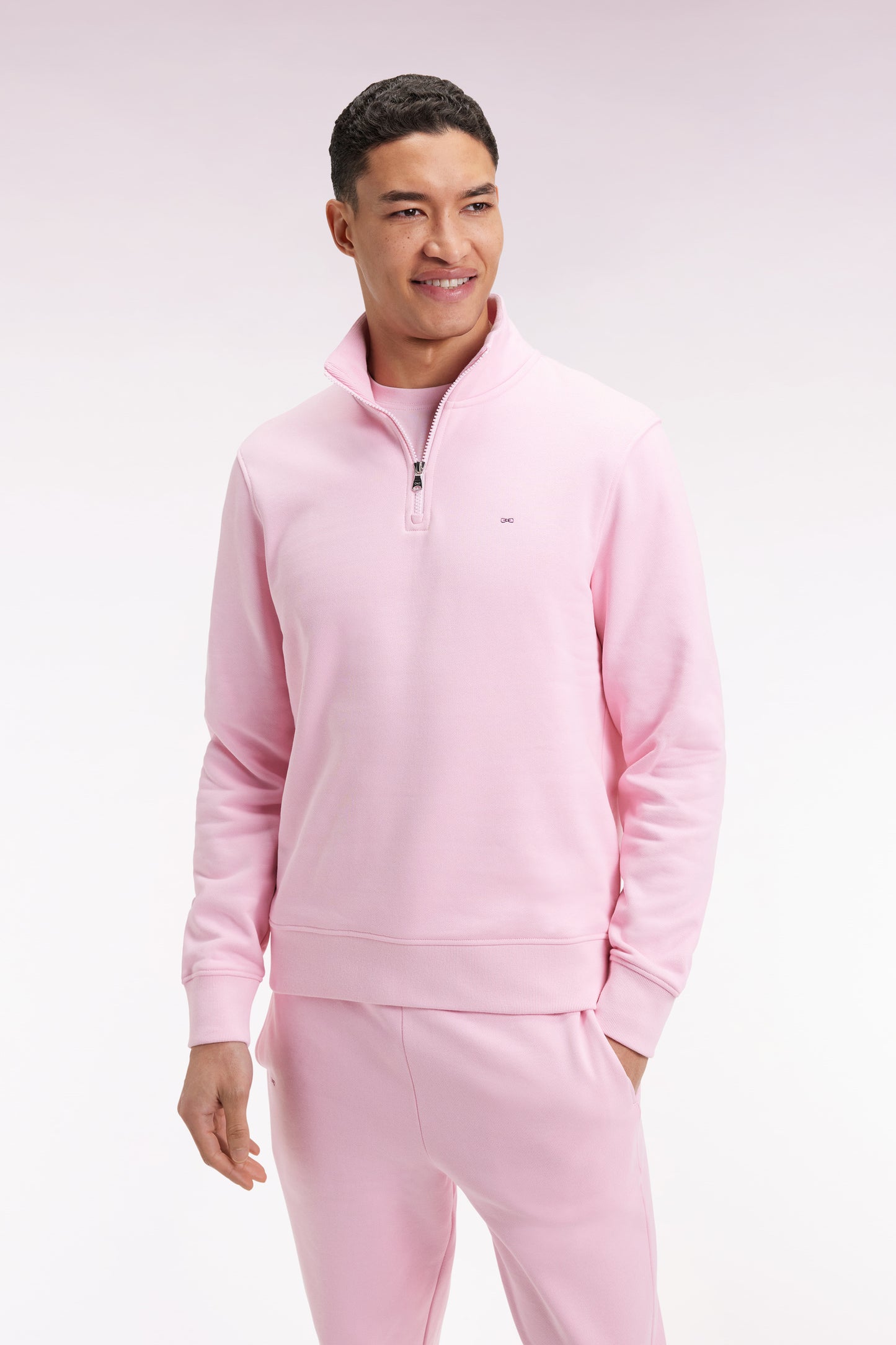 High-neck zip-up sweatshirt in pink cotton fleece