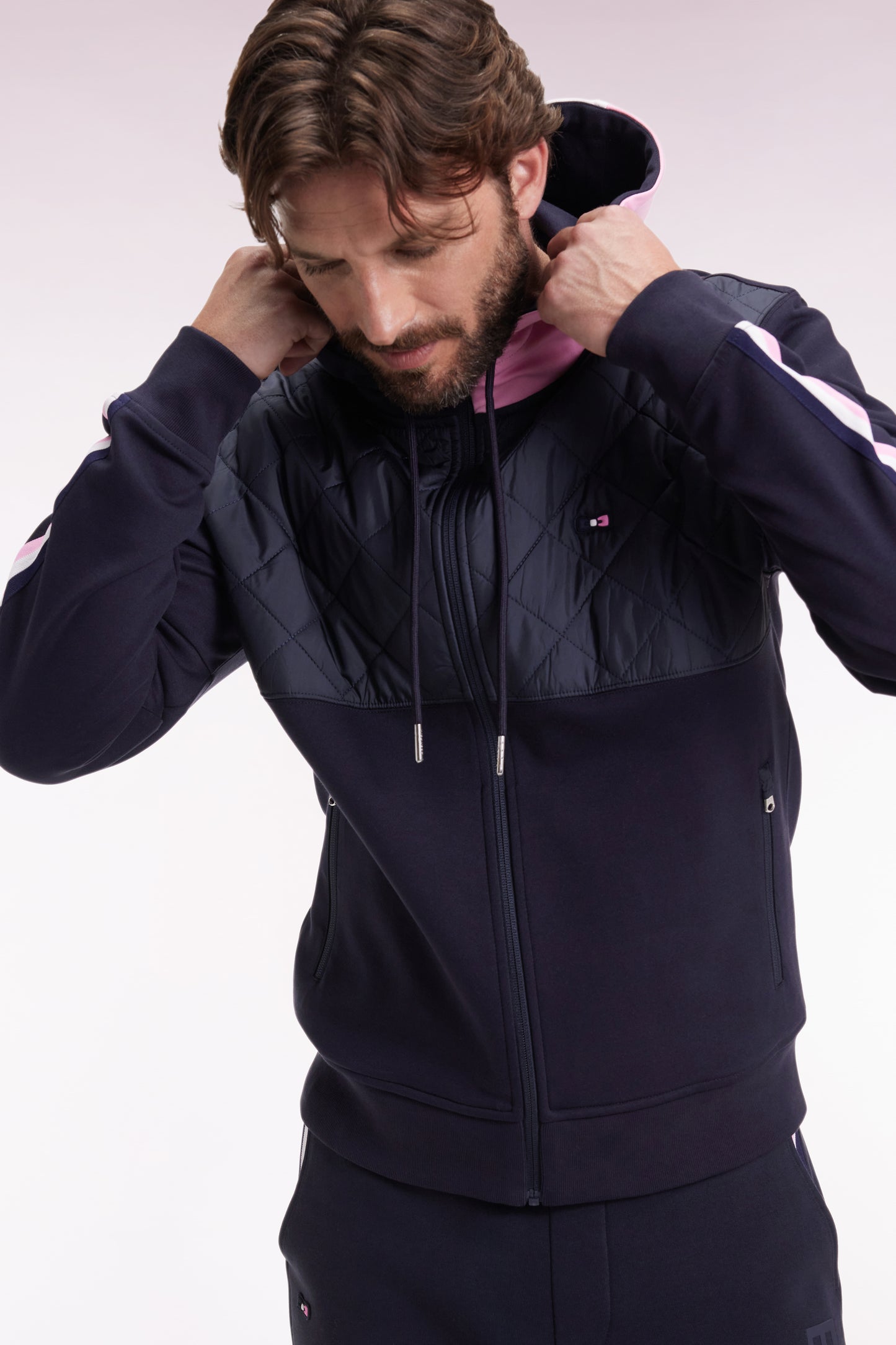 Zipped sweatshirt in navy and pink quilted bimaterial interlock
