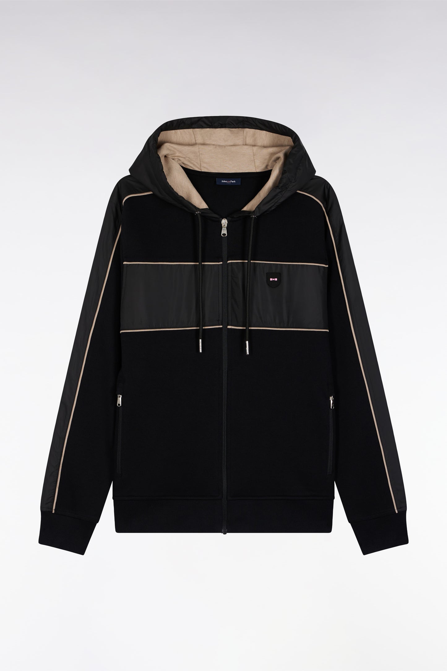 Zip-up hooded sweatshirt in black and beige fleece and nylon