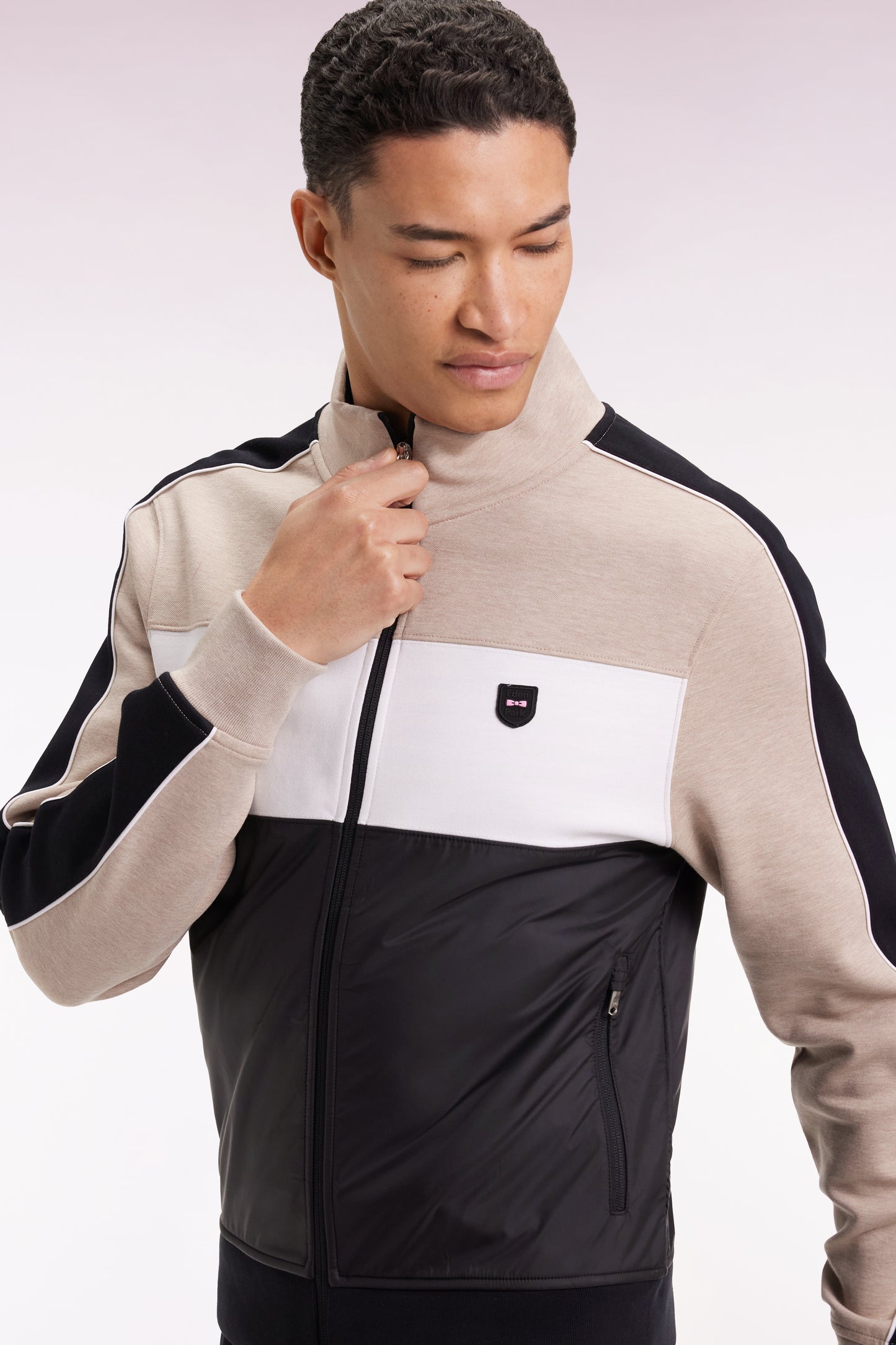 Two-material zip-up sweatshirt in beige quilted nylon
