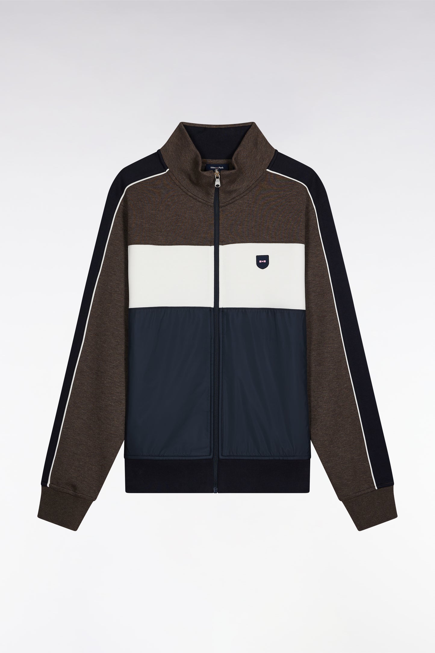 Two-material zip-up sweatshirt in brown quilted nylon