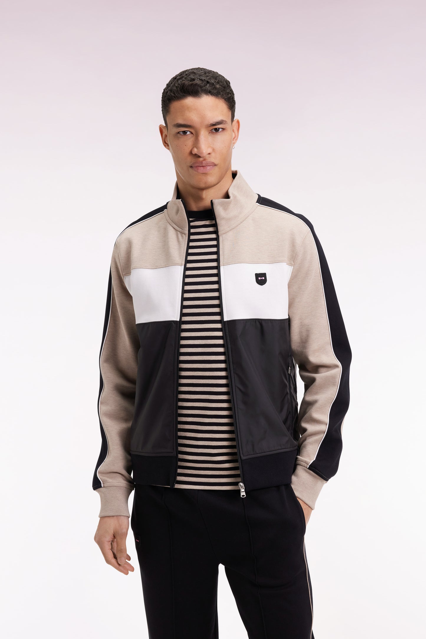 Two-material zip-up sweatshirt in beige quilted nylon