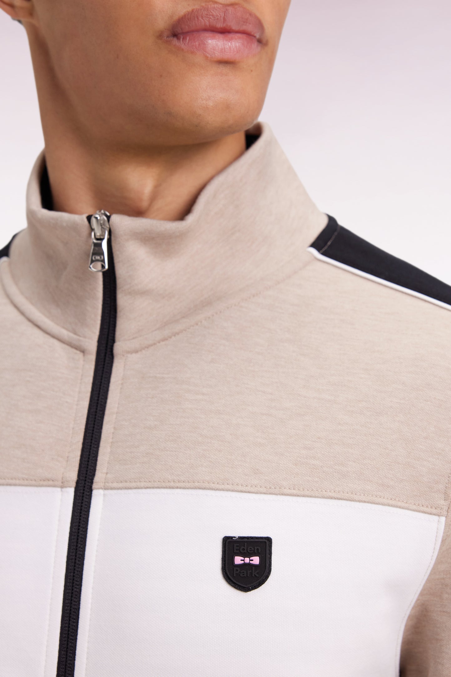 Two-material zip-up sweatshirt in beige quilted nylon