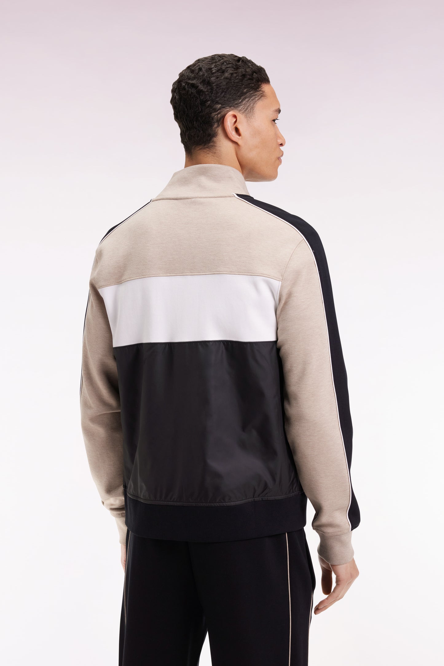 Two-material zip-up sweatshirt in beige quilted nylon