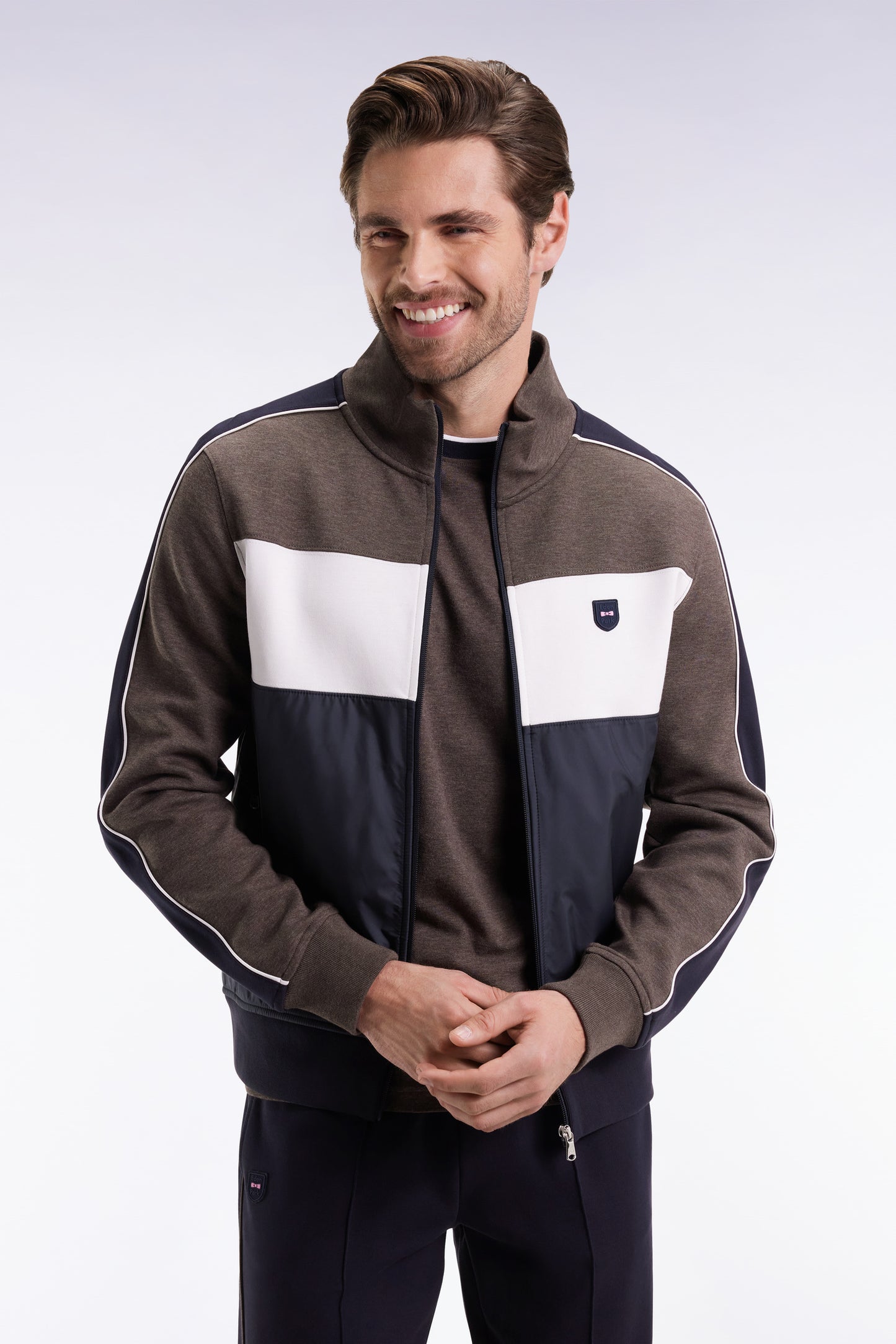 Two-material zip-up sweatshirt in brown quilted nylon