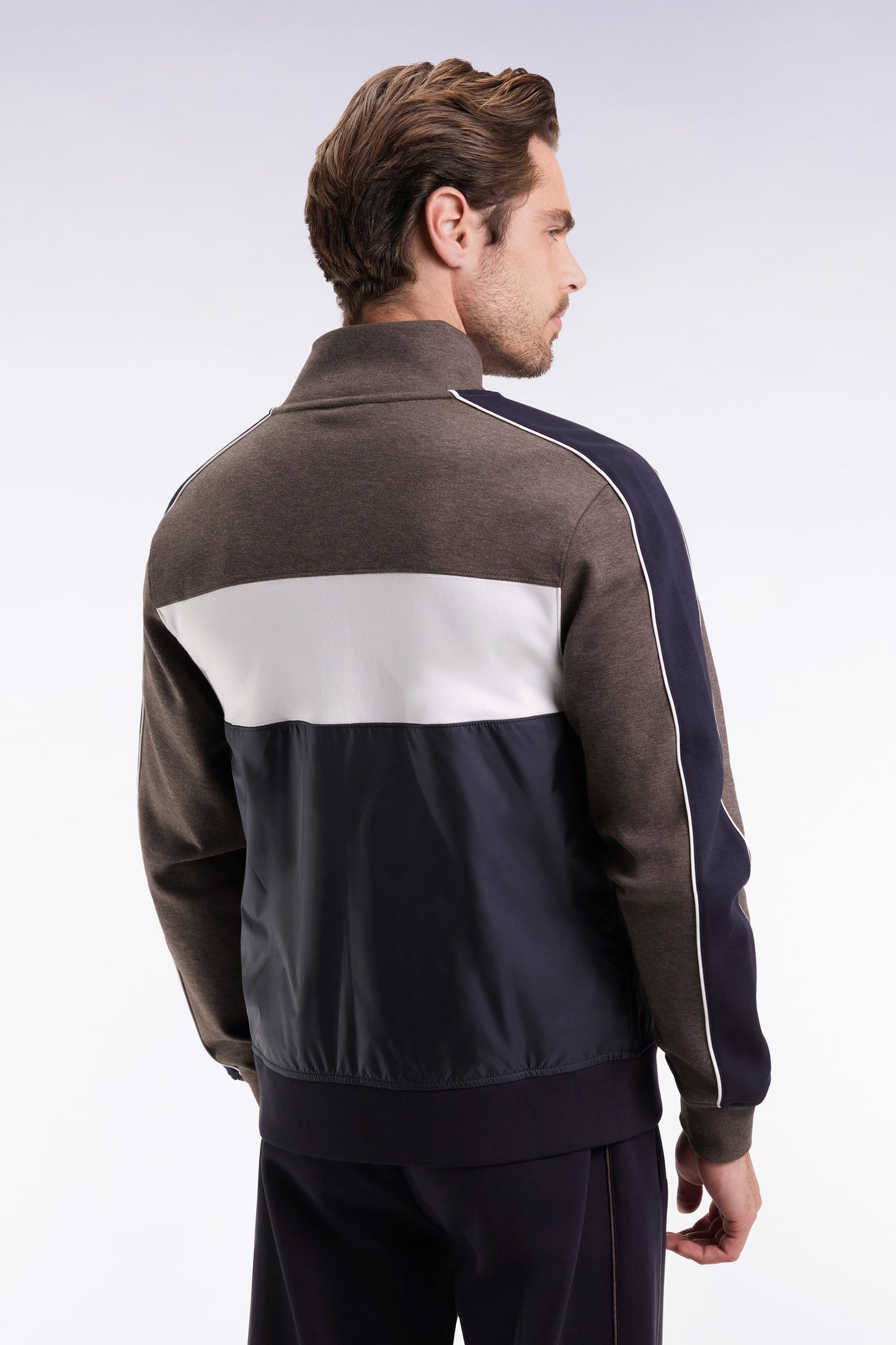 Two-material zip-up sweatshirt in brown quilted nylon