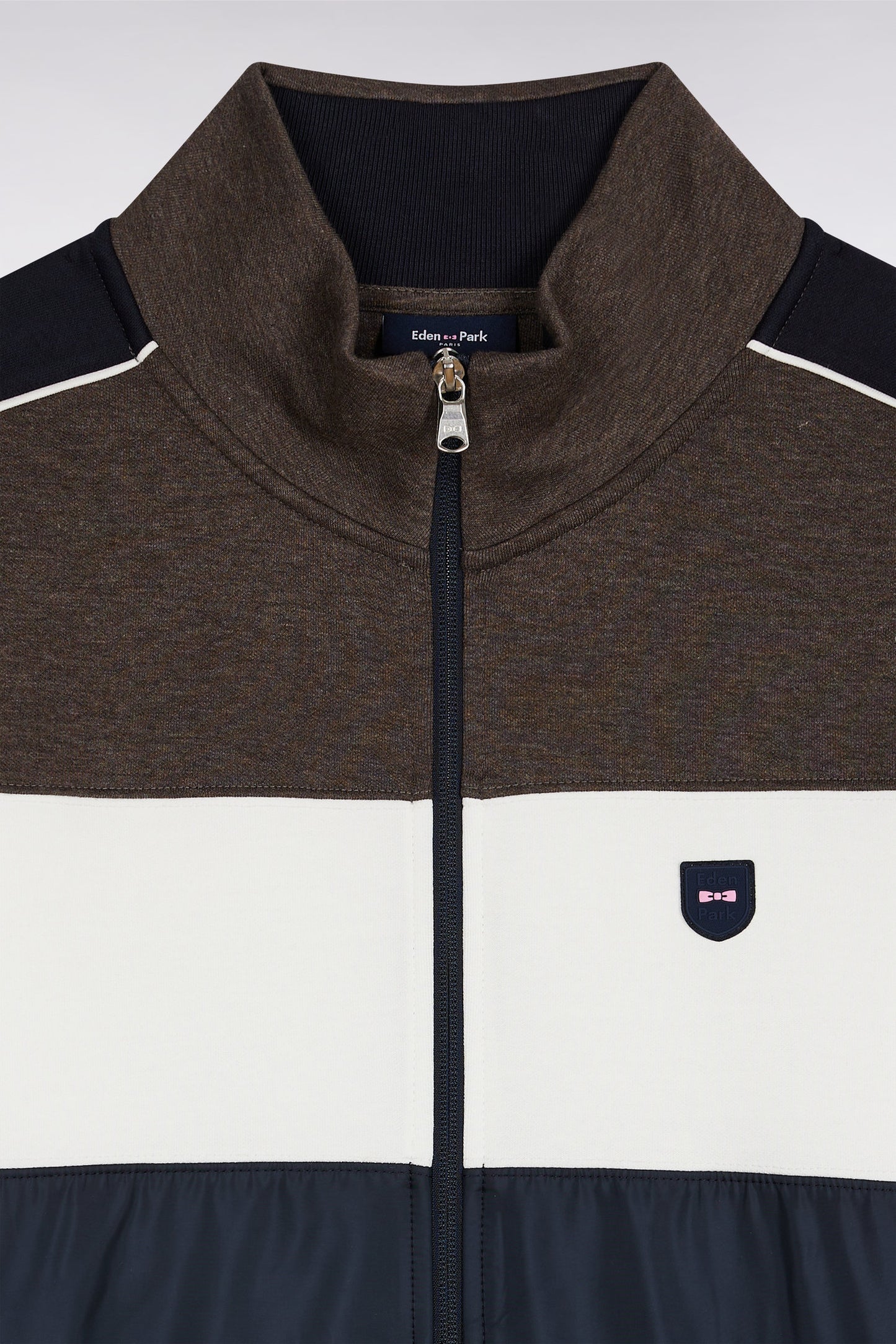 Two-material zip-up sweatshirt in brown quilted nylon
