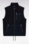 Sleeveless zip-up hooded sweatshirt in navy with straight cut.