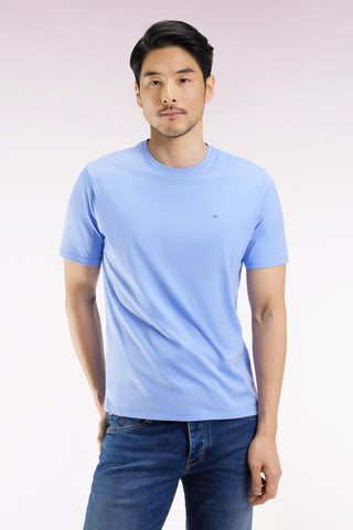 Short-sleeved round-neck T-shirt in sky blue Pima cotton