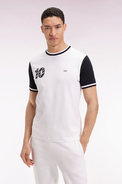 T-shirt bicolore à manches courtes en coton blanc broderie 10 - Image 1
