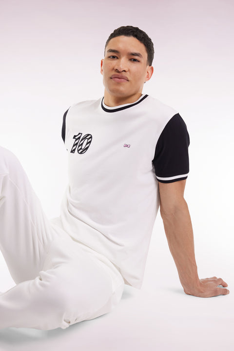 T-shirt bicolore à manches courtes en coton blanc broderie 10 - Image 3
