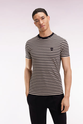 Short-sleeved T-shirt in navy and brown striped cotton jersey