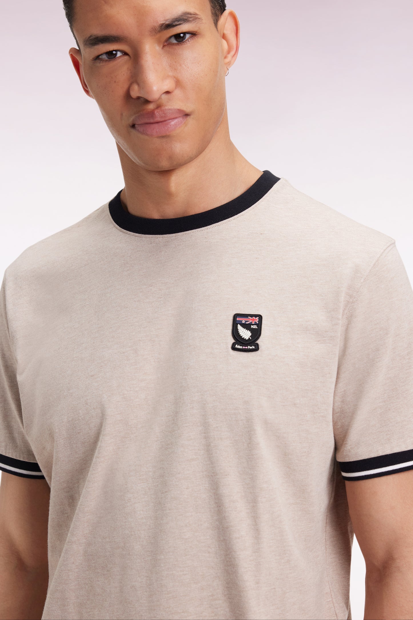 Beige and navy cotton short-sleeved T-shirt New Zealand