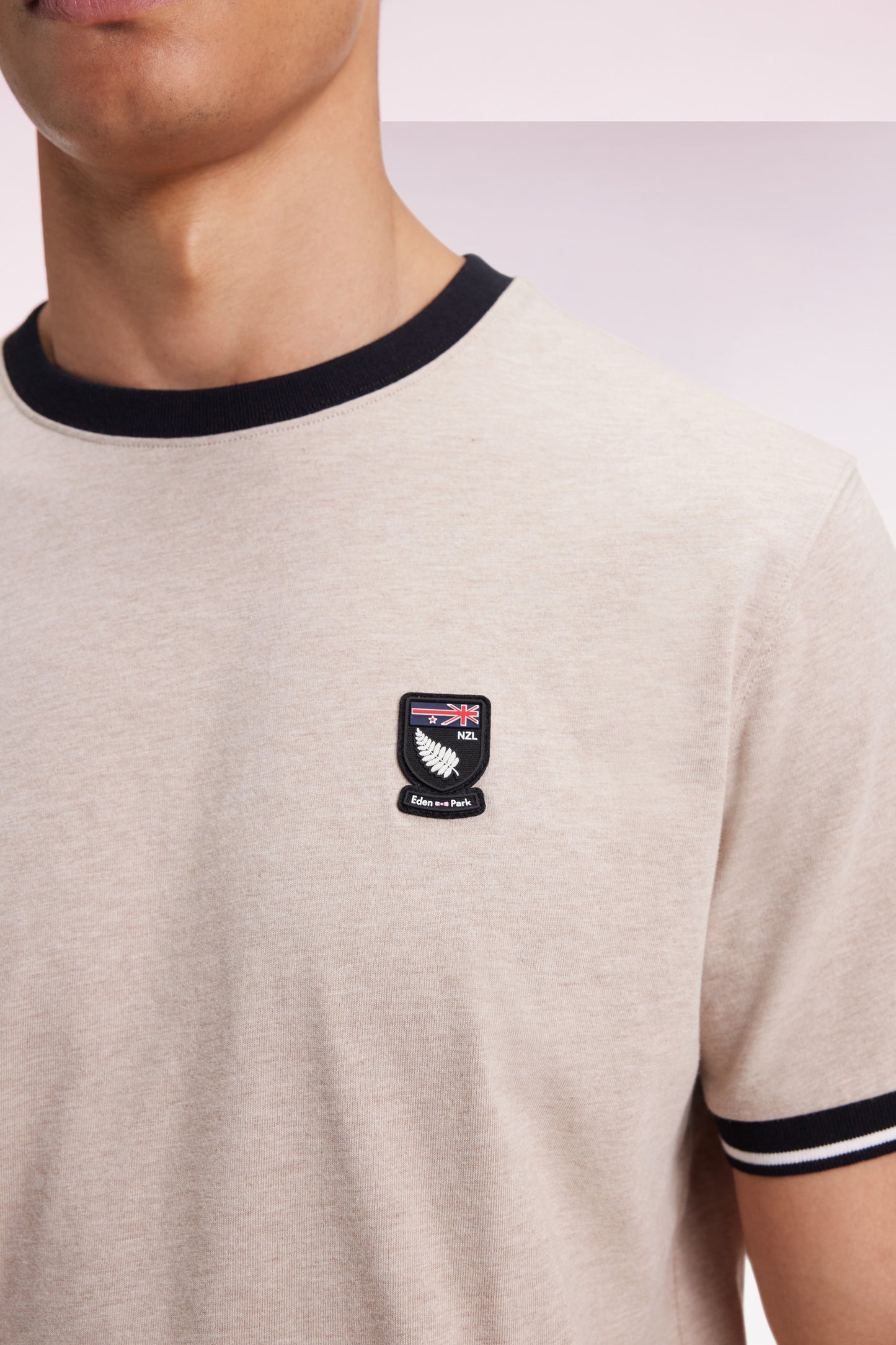 Beige and navy cotton short-sleeved T-shirt New Zealand