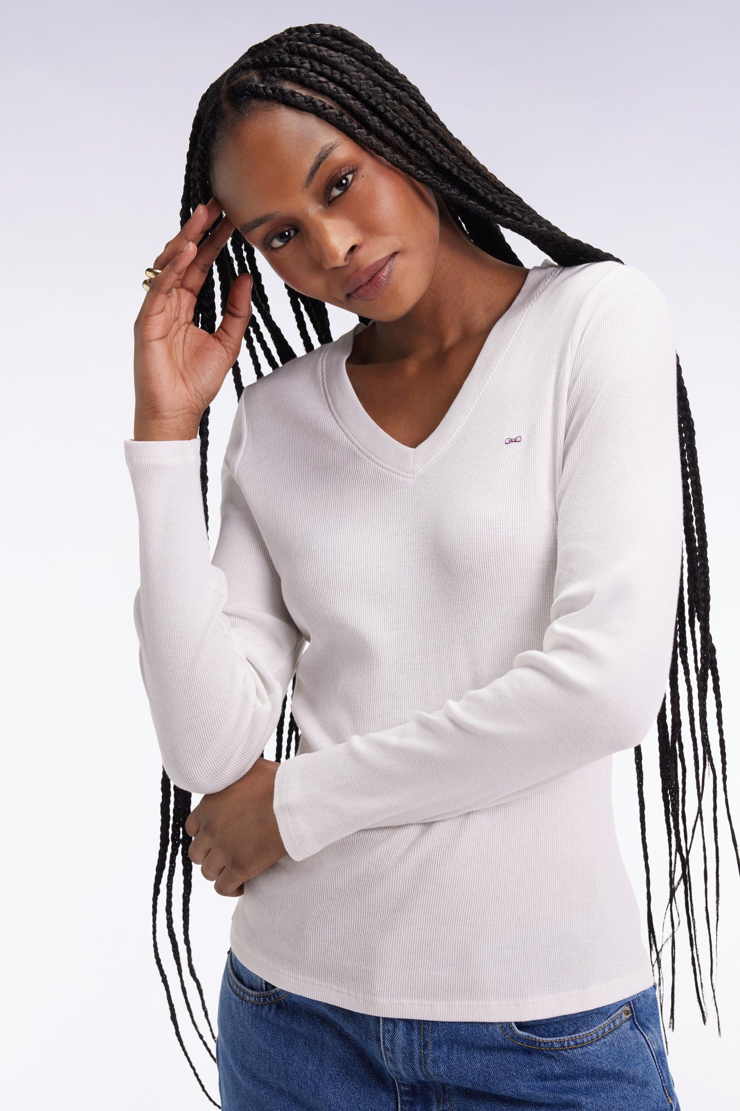 Long-sleeved T-shirt in white ribbed Pima cotton, slim fit
