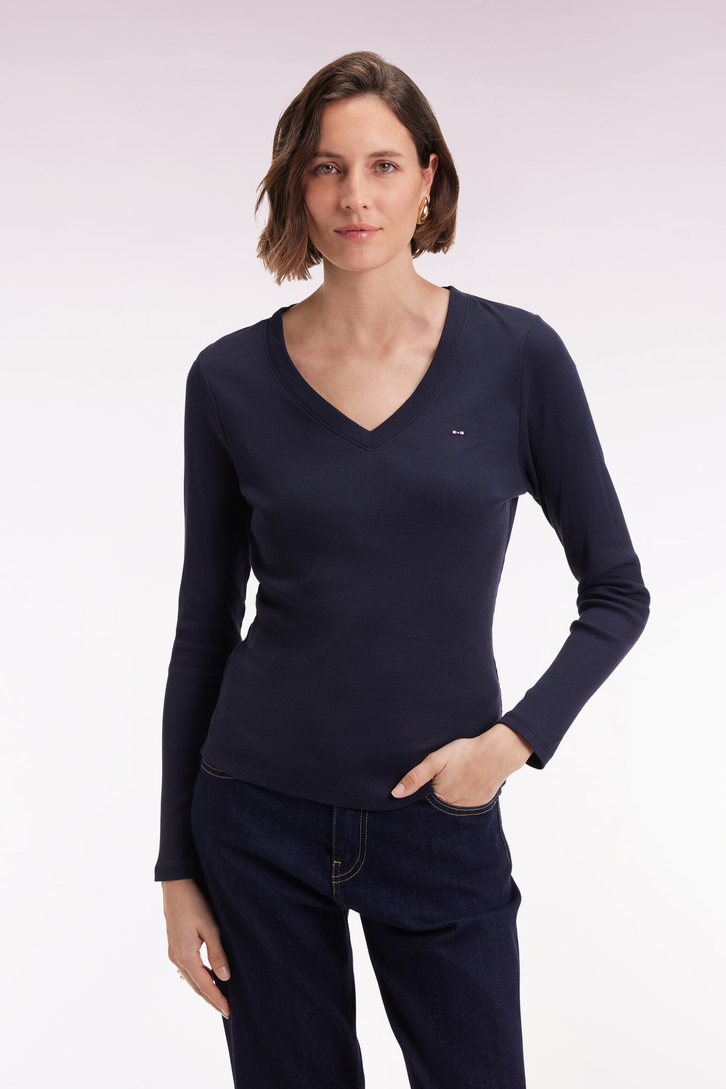 Long-sleeved T-shirt in navy ribbed Pima cotton, slim fit
