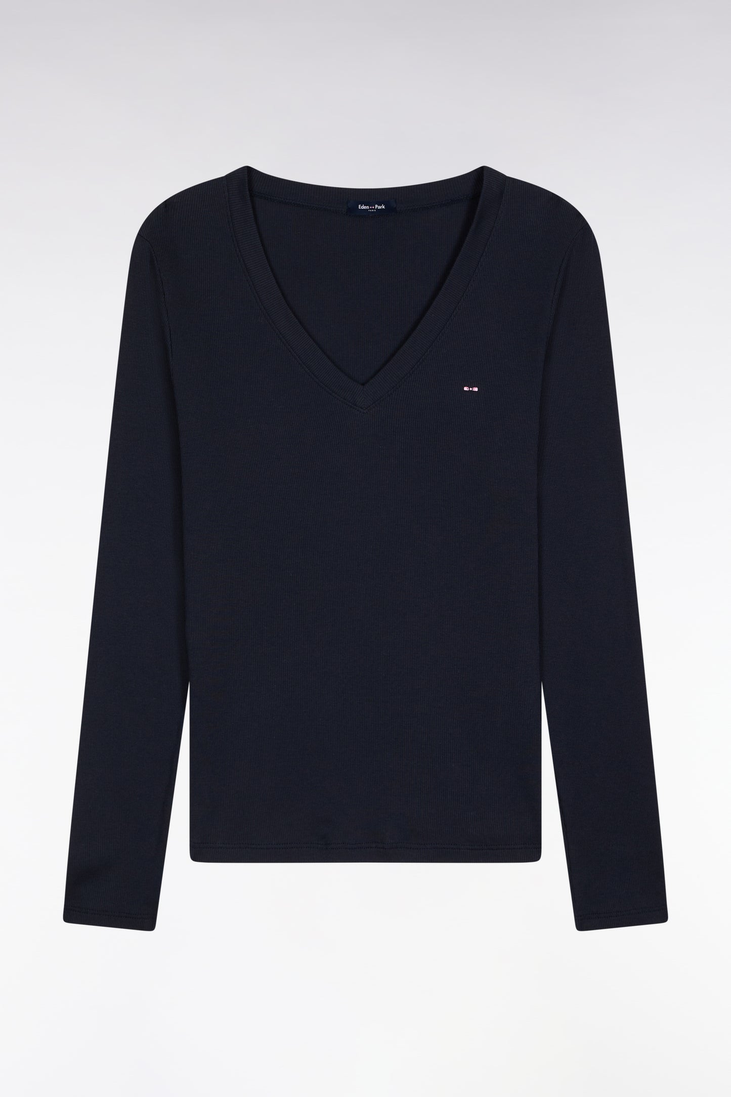 Long-sleeved T-shirt in navy ribbed Pima cotton, slim fit
