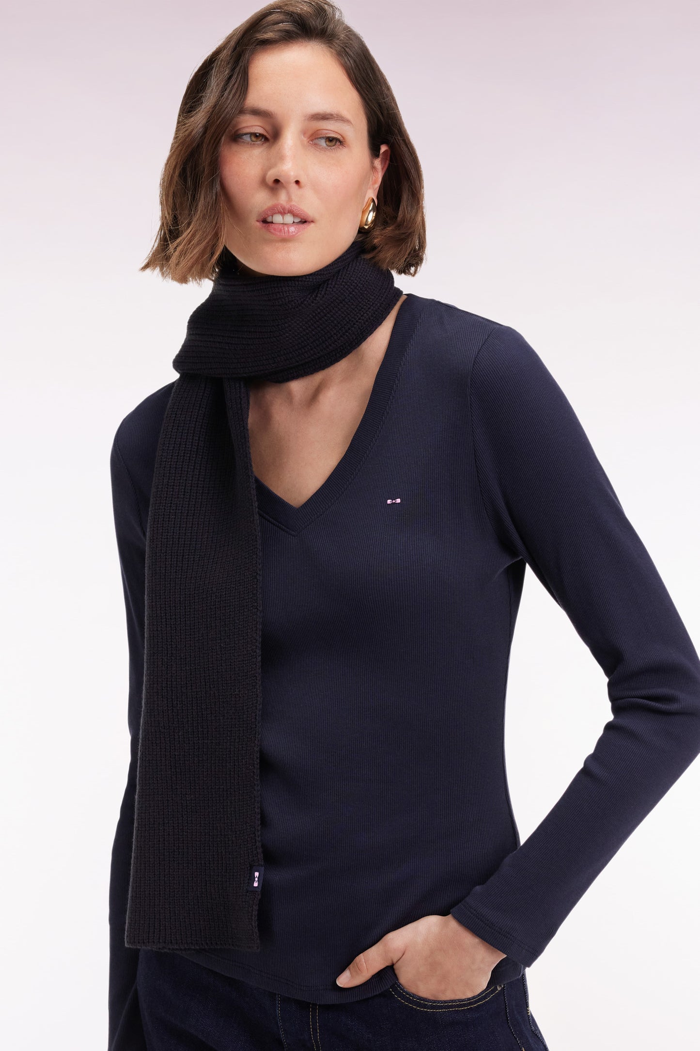 Long-sleeved T-shirt in navy ribbed Pima cotton, slim fit