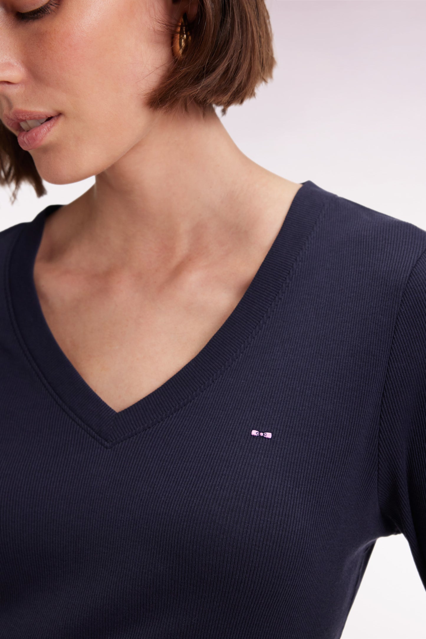 Long-sleeved T-shirt in navy ribbed Pima cotton, slim fit