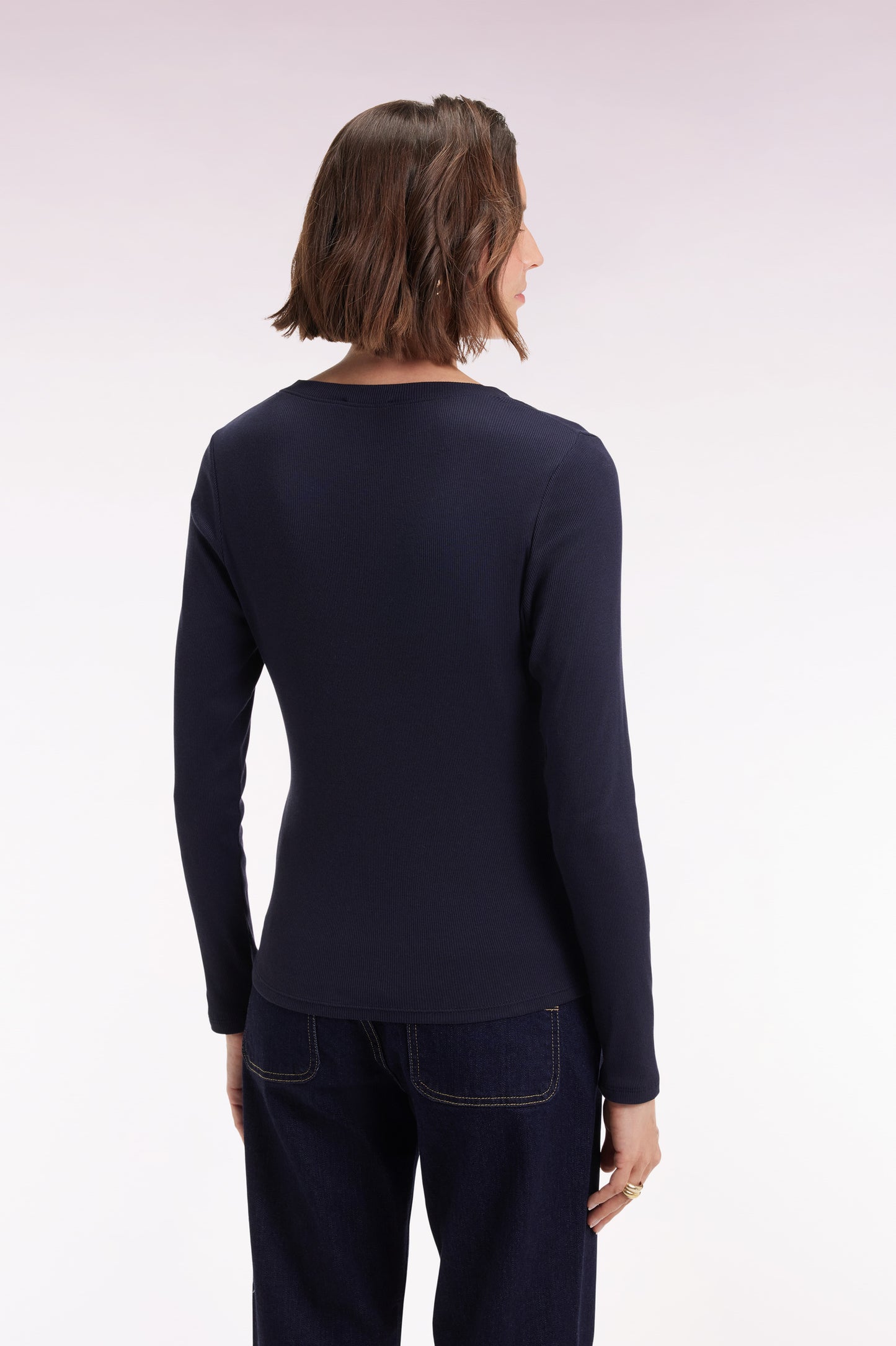 Long-sleeved T-shirt in navy ribbed Pima cotton, slim fit